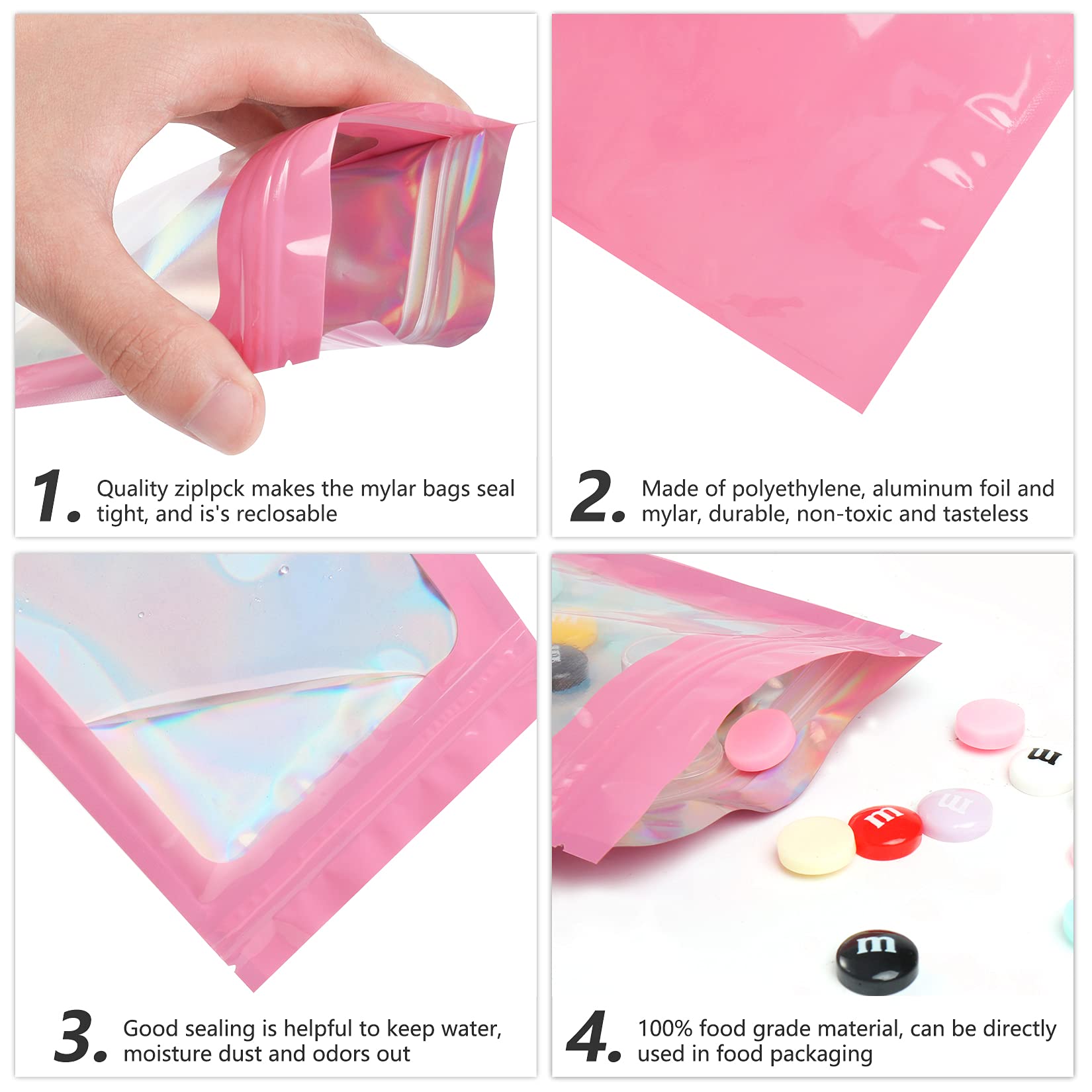 100-Pack Pink Holographic Smell Proof Mylar Bags - 3.9x7.1 Inch Resealable Odor Barrier Food Storage Bags for Lip Gloss, Jewelry, Eyelash Extensions & Small Business Packaging | Airtight, Moisture-Proof & Lightweight for Travel, Retail & Home Organization