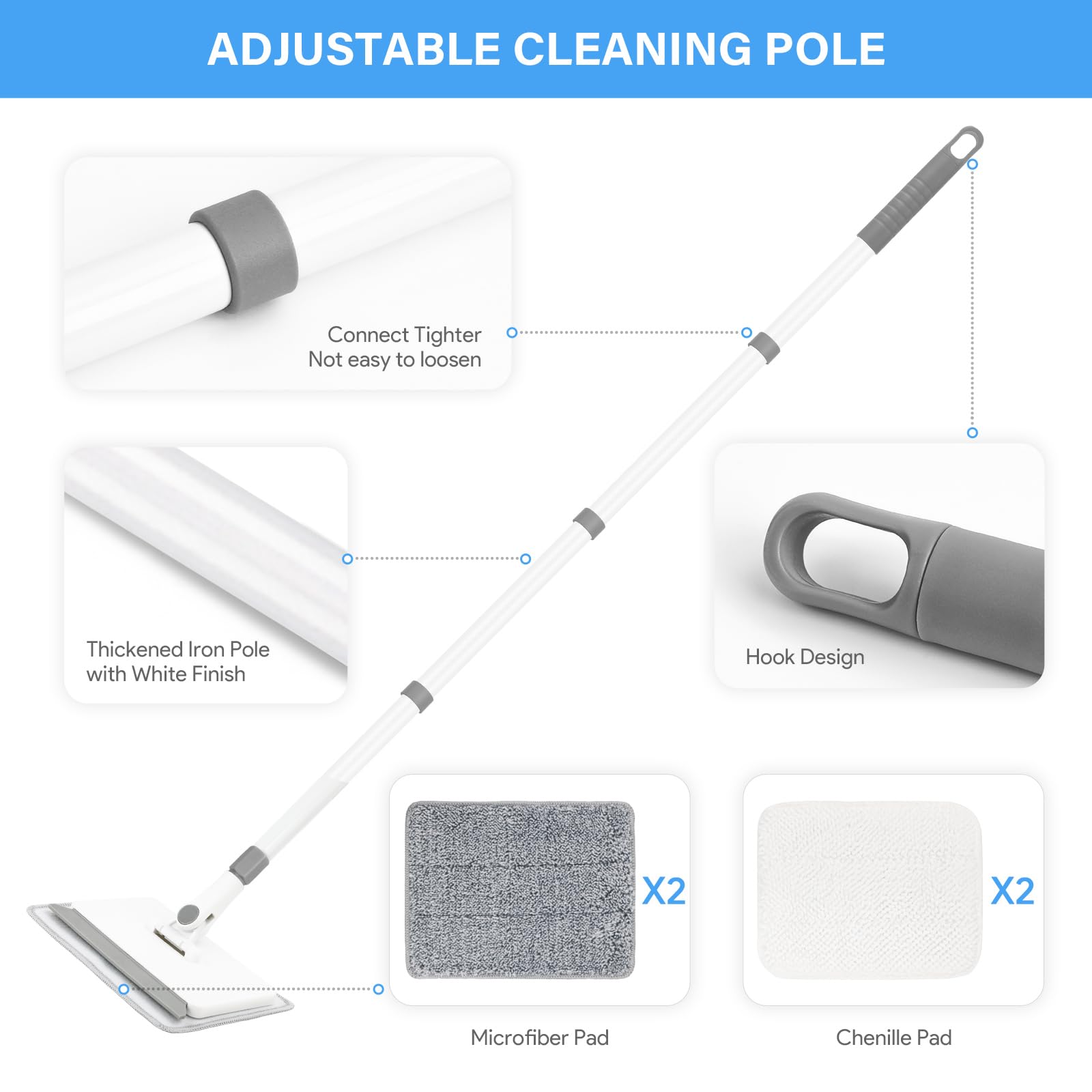 Deluxe Extendable Baseboard Cleaner with Long Handle - 4 Reusable Cleaning Pads for Walls, Ceilings, Floors - Perfect for Bathroom, Kitchen & Shower Cleaning - Multi-Surface Cleaning Tool for Home & Office