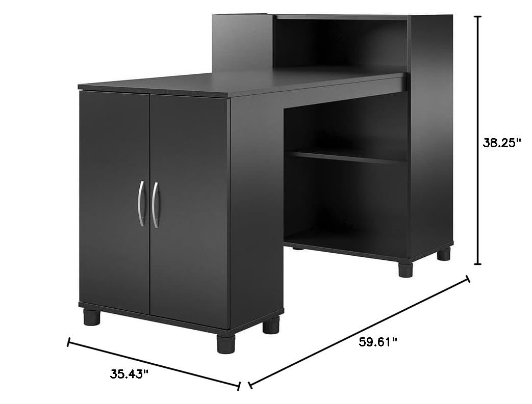 Pemberly Row Transitional Wood Hobby and Craft Desk with Storage Cabinet in Black - Perfect for DIY Projects, Home Office & Craft Room Organization