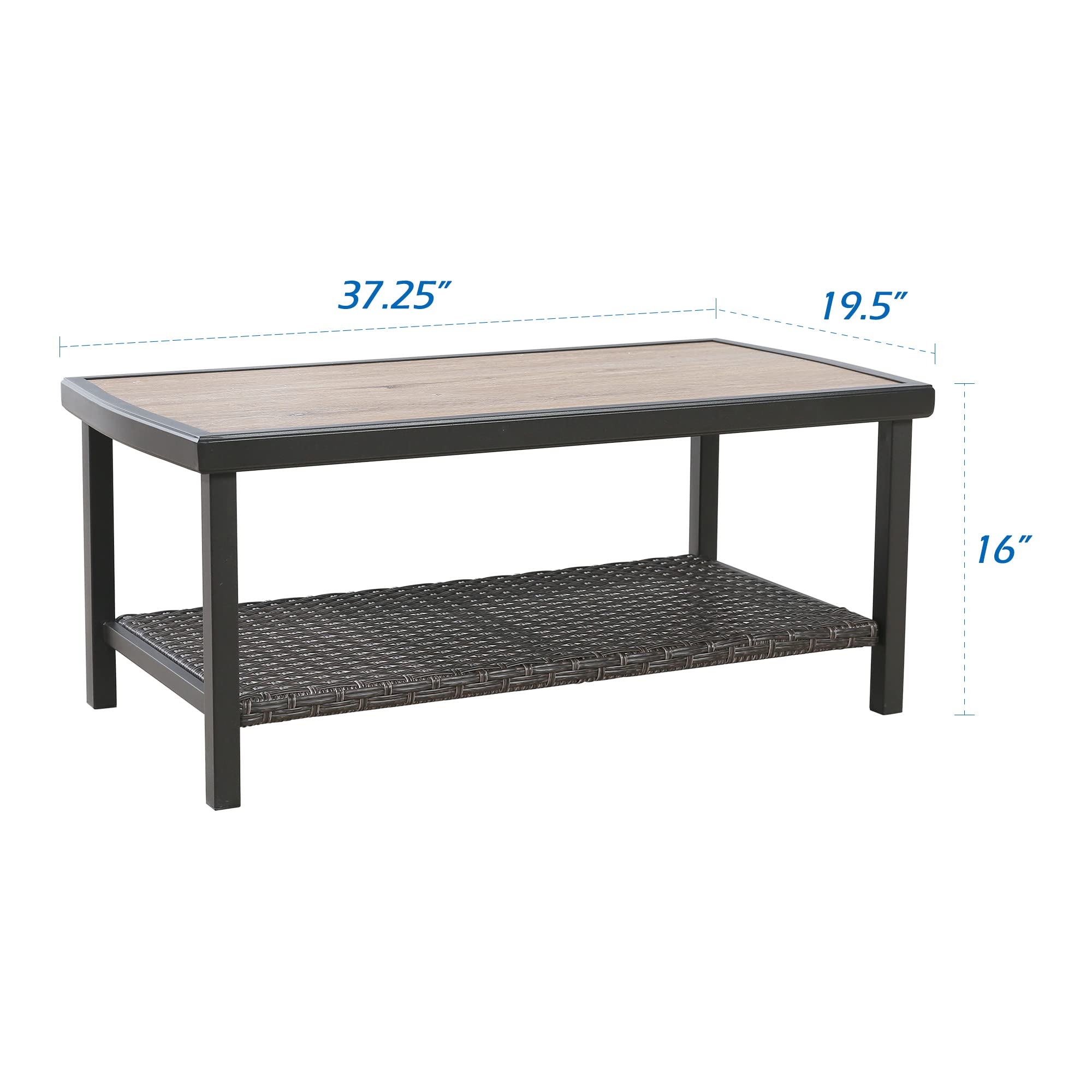 Black Steel Wicker Coffee Table for Patio - 37'' x 19'' Rectangular Outdoor Side Table with Storage Shelf | Perfect for Backyard, Garden, and Poolside Relaxation