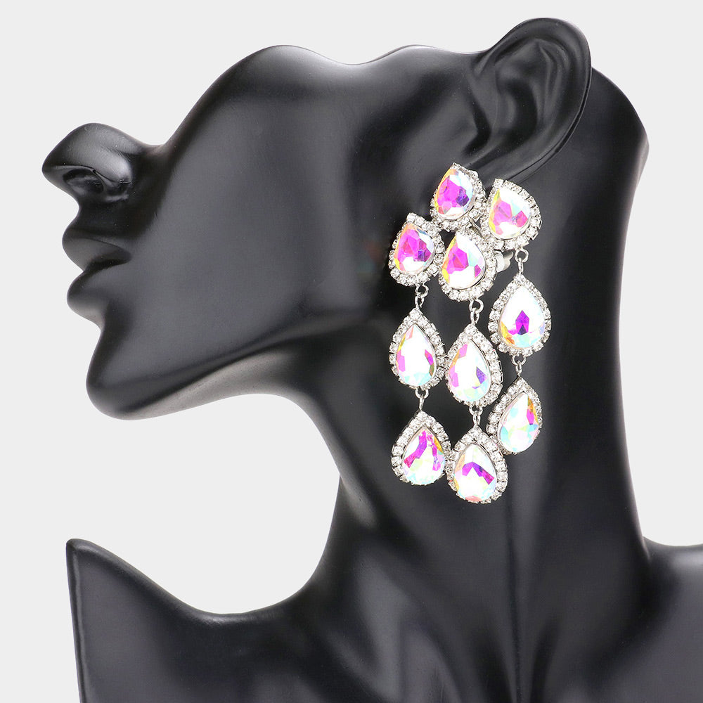 AB Multi Teardrop Clip On Chandelier Earrings for Women - Elegant Prom Jewelry & Party Accessories - Perfect for Weddings, Dances & Special Occasions - 583783