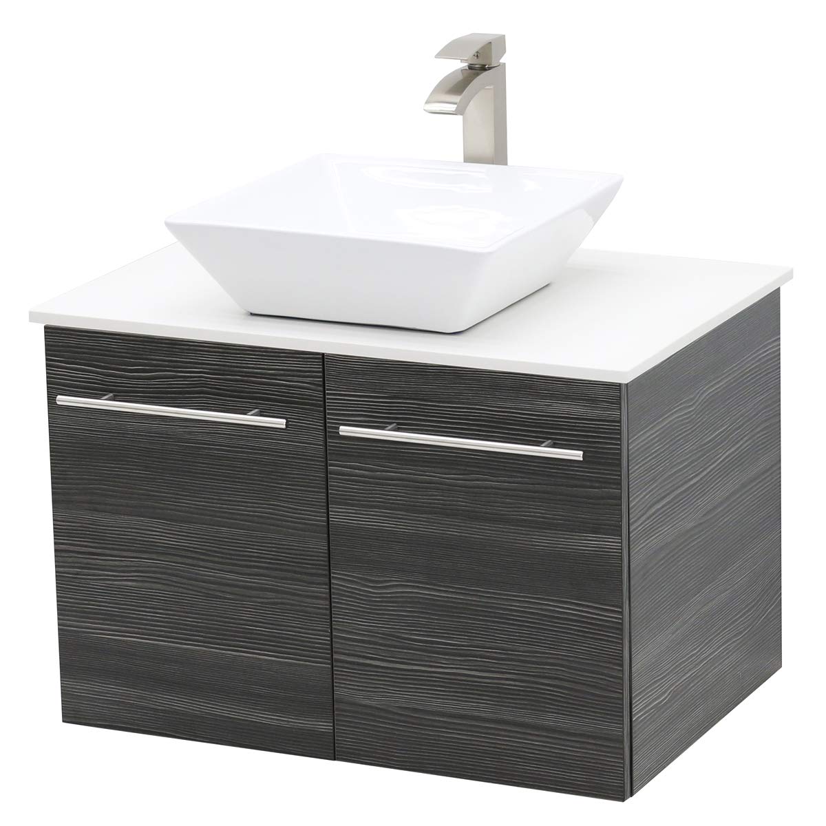 Wall Mount Floating Vanity Set - Dark Grey, White Stone Top, Ceramic Sink (24