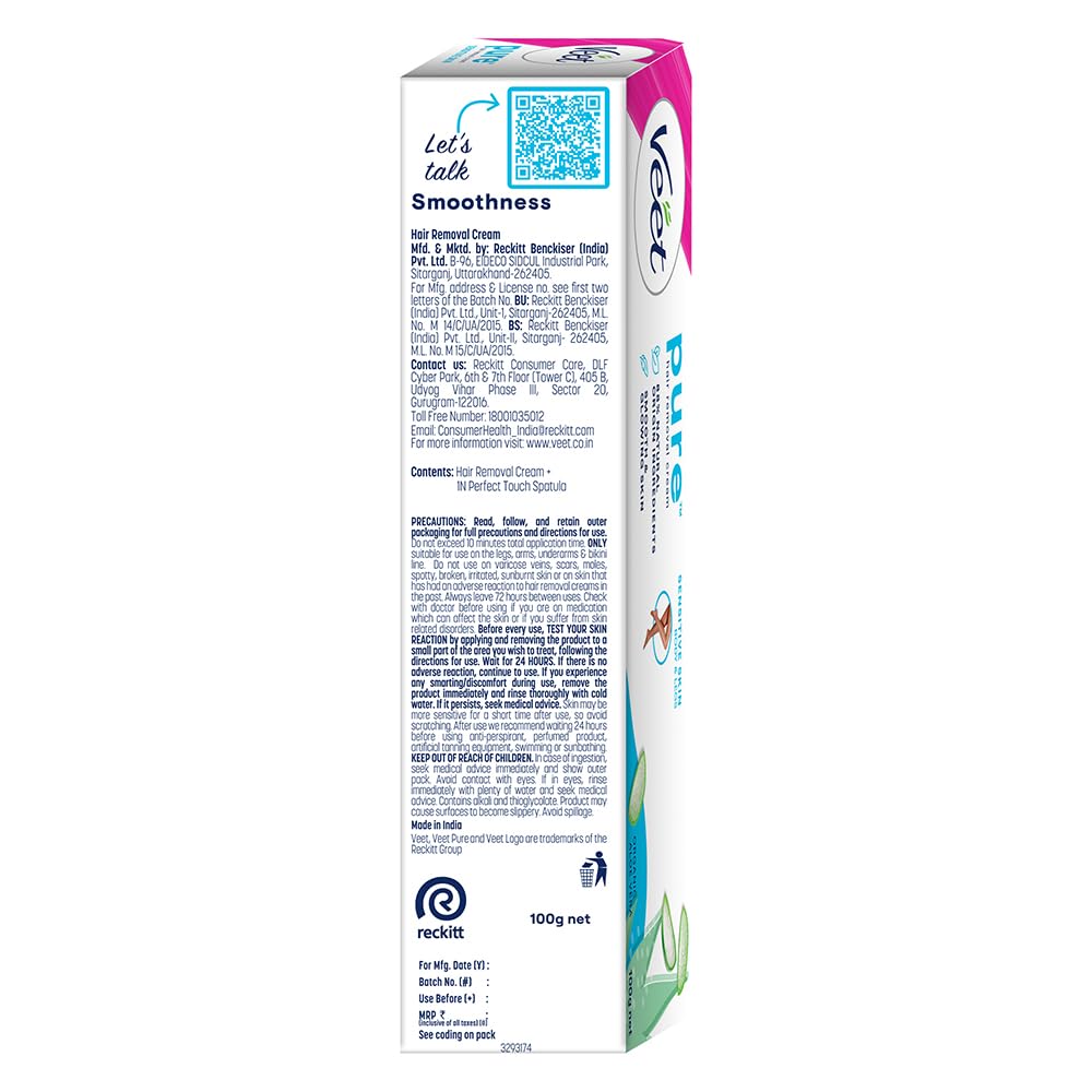 Veet Pure Hair Removal Cream for Women - Sensitive Skin Formula, 100g | Painless & Gentle Depilatory for Legs, Underarms, Bikini Line & Arms | At-Home Smooth Skin Solution for Summer, Beach & Daily Care