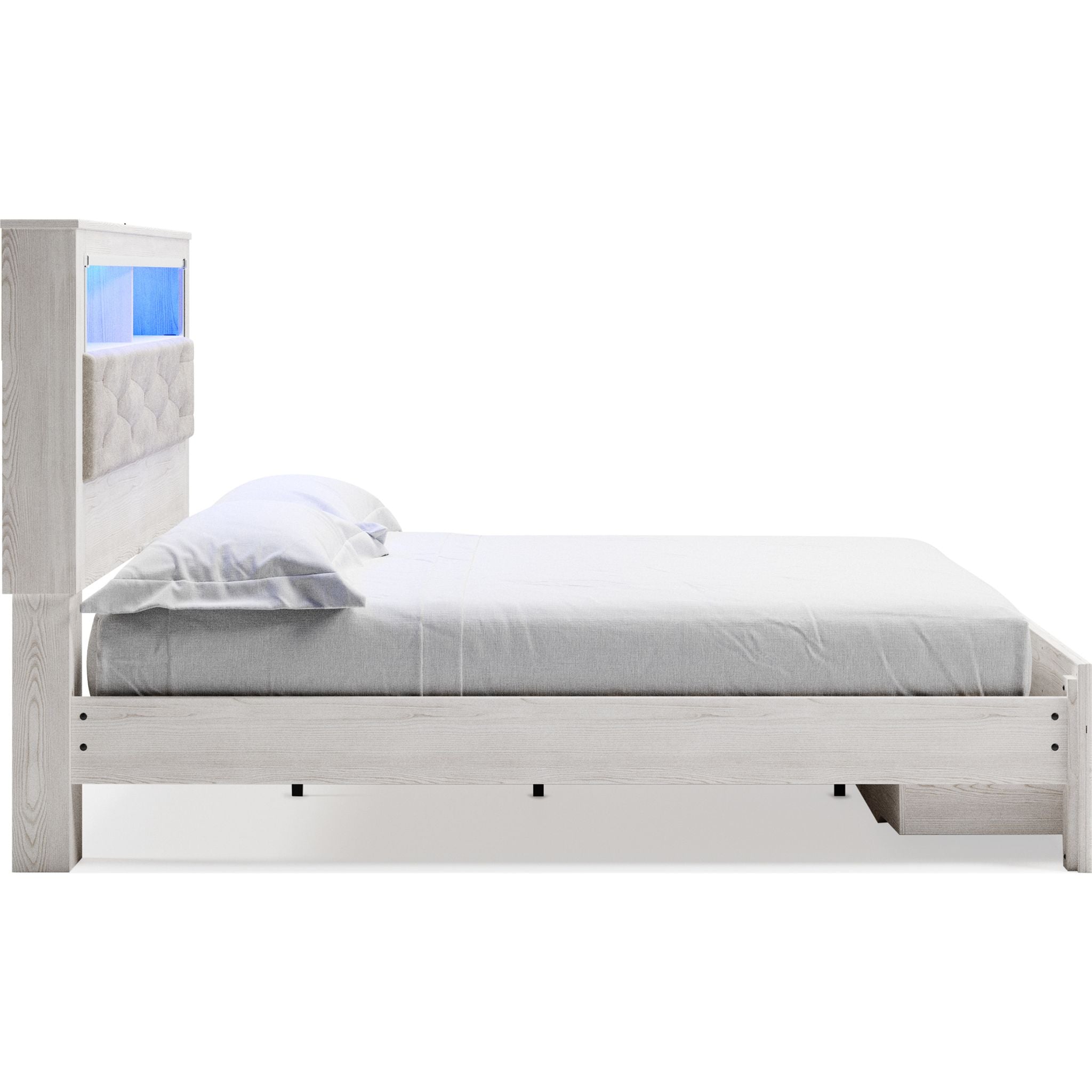 Altyra King Upholstered Bookcase Bed with Storage - White Wooden Platform Bed Frame with Headboard & Underbed Storage | Perfect for Small Bedrooms, Guest Rooms & Dormitories