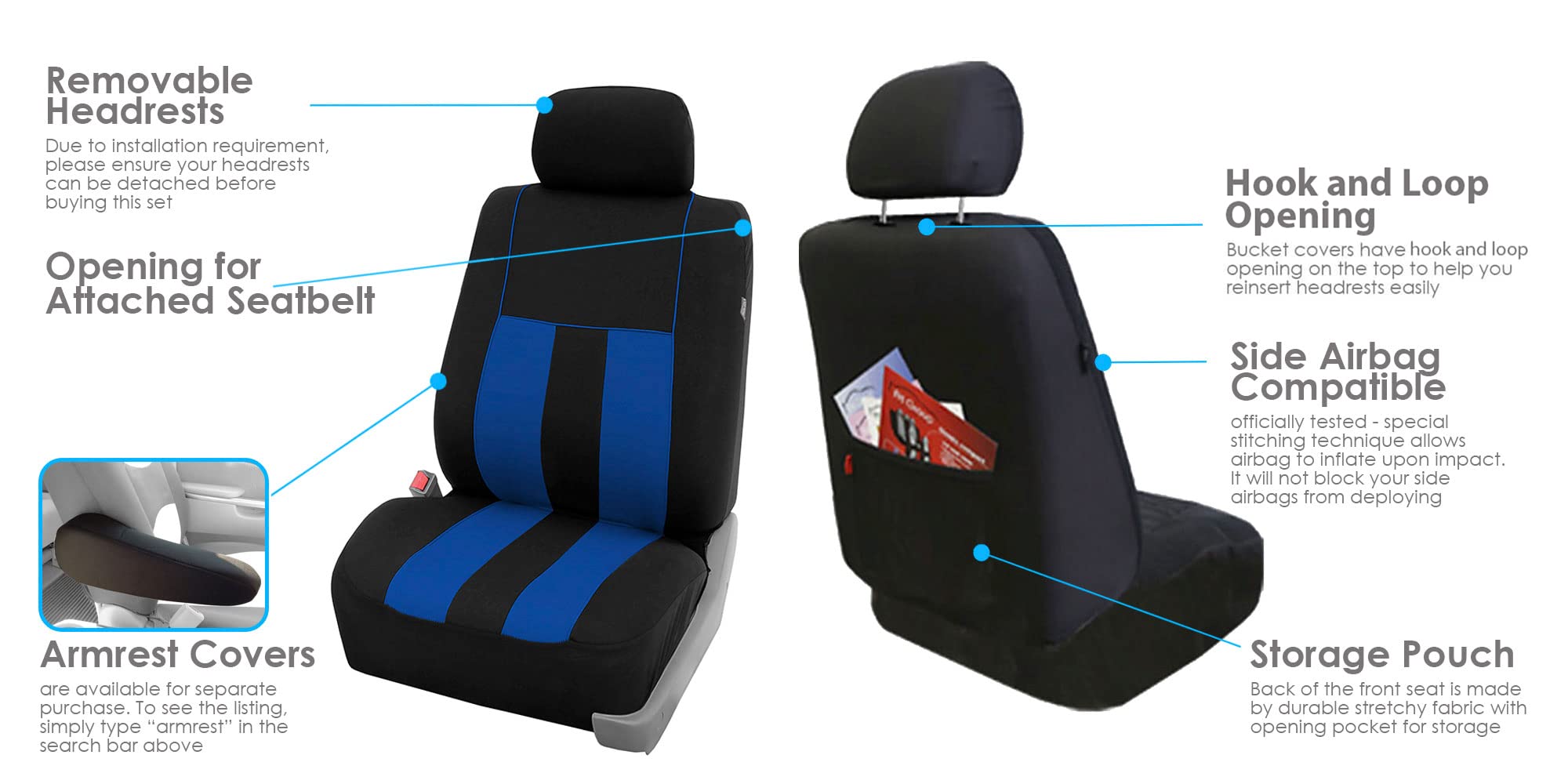 FH Group 7-Seater Car Seat Covers - 3-Row Stripe Design, Universal Fit for Cars, Trucks & SUVs (Blue/Black) | Airbag Compatible & Split Bench | Perfect for Family Road Trips & Daily Commutes