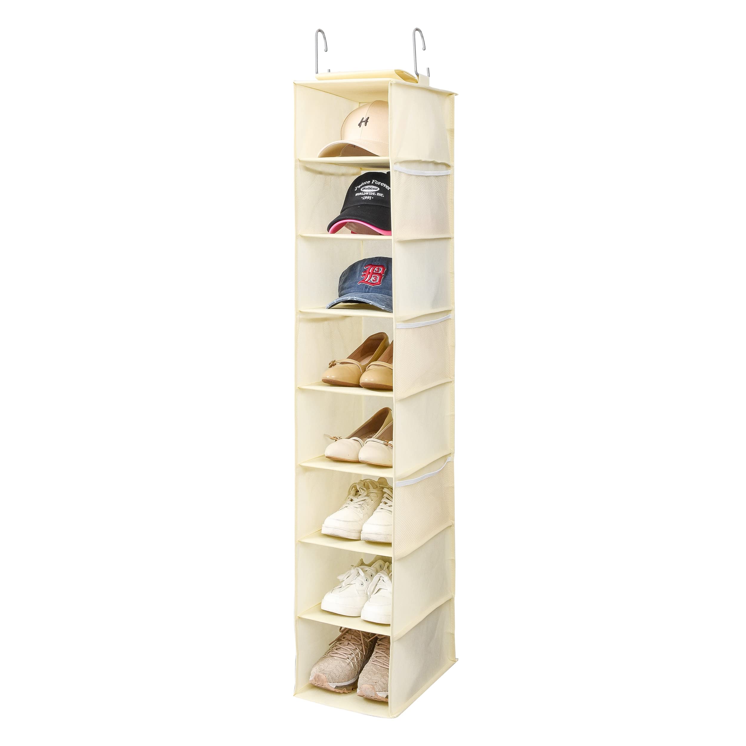 Hanging Shoe Organizer for Closet with Side Mesh Pockets - 8-Shelf Beige Shoe & Hat Storage Holder - Perfect for Baseball Caps, Sneakers & Accessories - Space-Saving Closet Organizer (1 Pack)