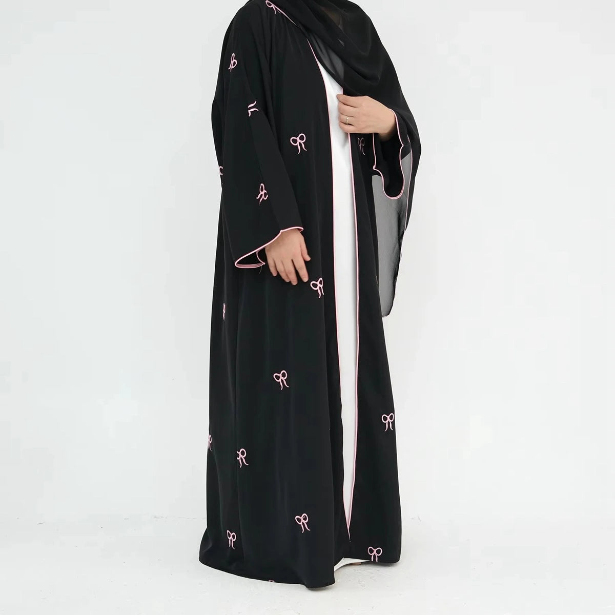 Elegant Bow Embroidery Nida Cardigan Open Abaya Dress #241910 - Perfect for Muslim Women, Prayer, Modest Fashion & Special Occasions