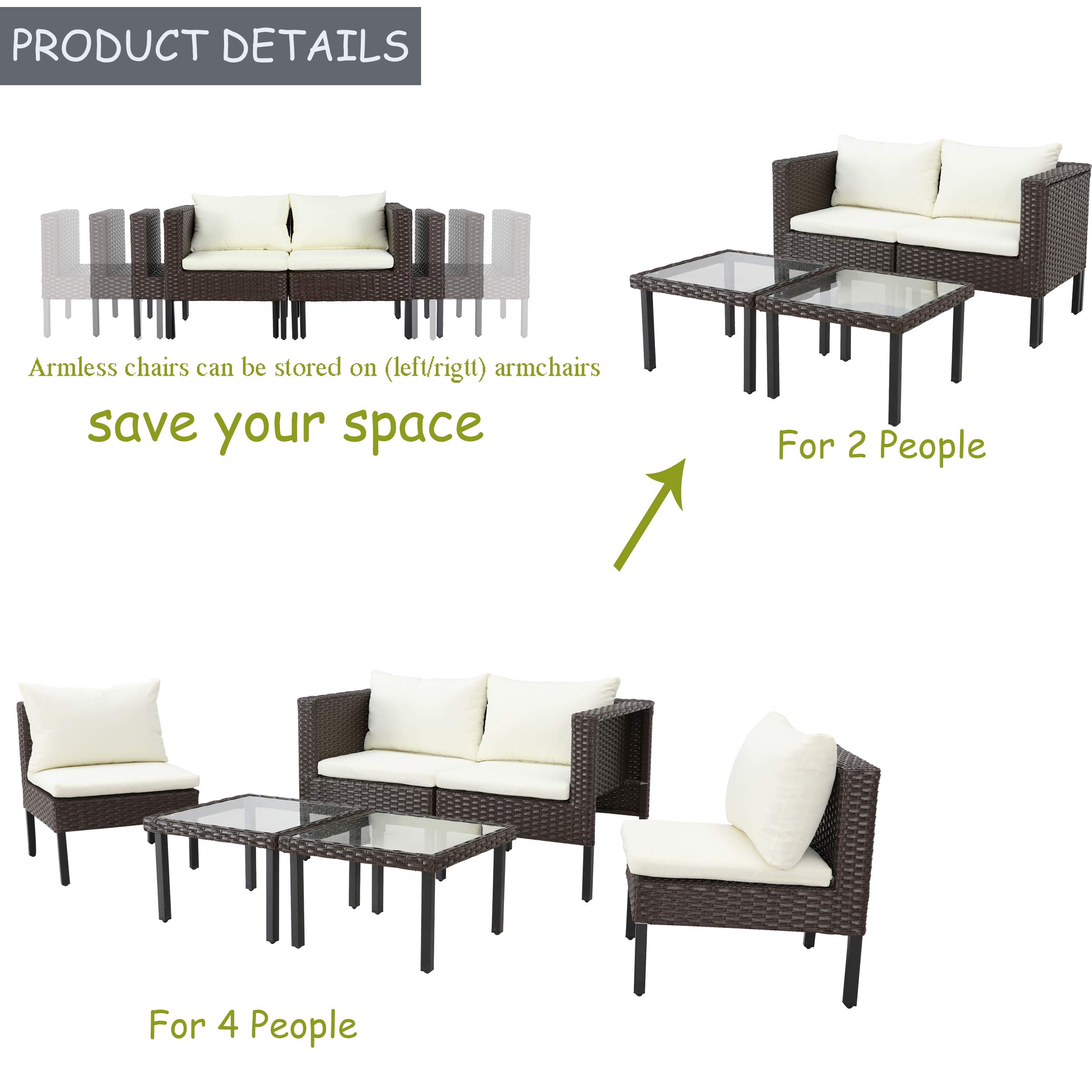 LOKATSE HOME 6-Piece All-Weather Outdoor Patio Furniture Set - Brown Wicker Rattan Sofa Chairs with Beige Cushions & Glass Coffee Table - Perfect for Garden, Poolside, and Backyard Relaxation
