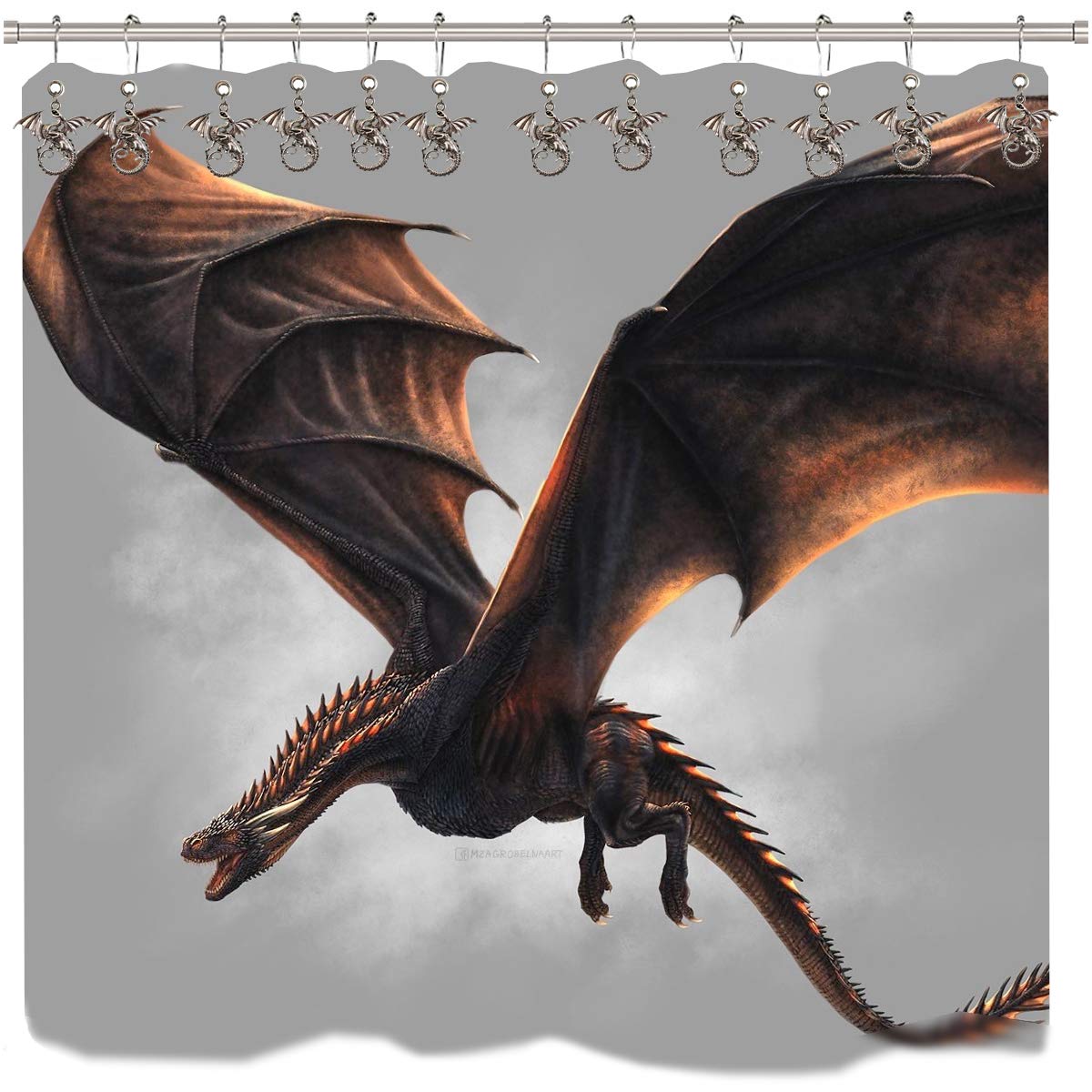 Antique Silver Dragon Shower Curtain Hooks Rings - Decorative Bathroom Accessories Set for Kids & Baby Rooms - Forest Country Village Theme - Perfect for Nursery, Bathroom Decor and Themed Home Design