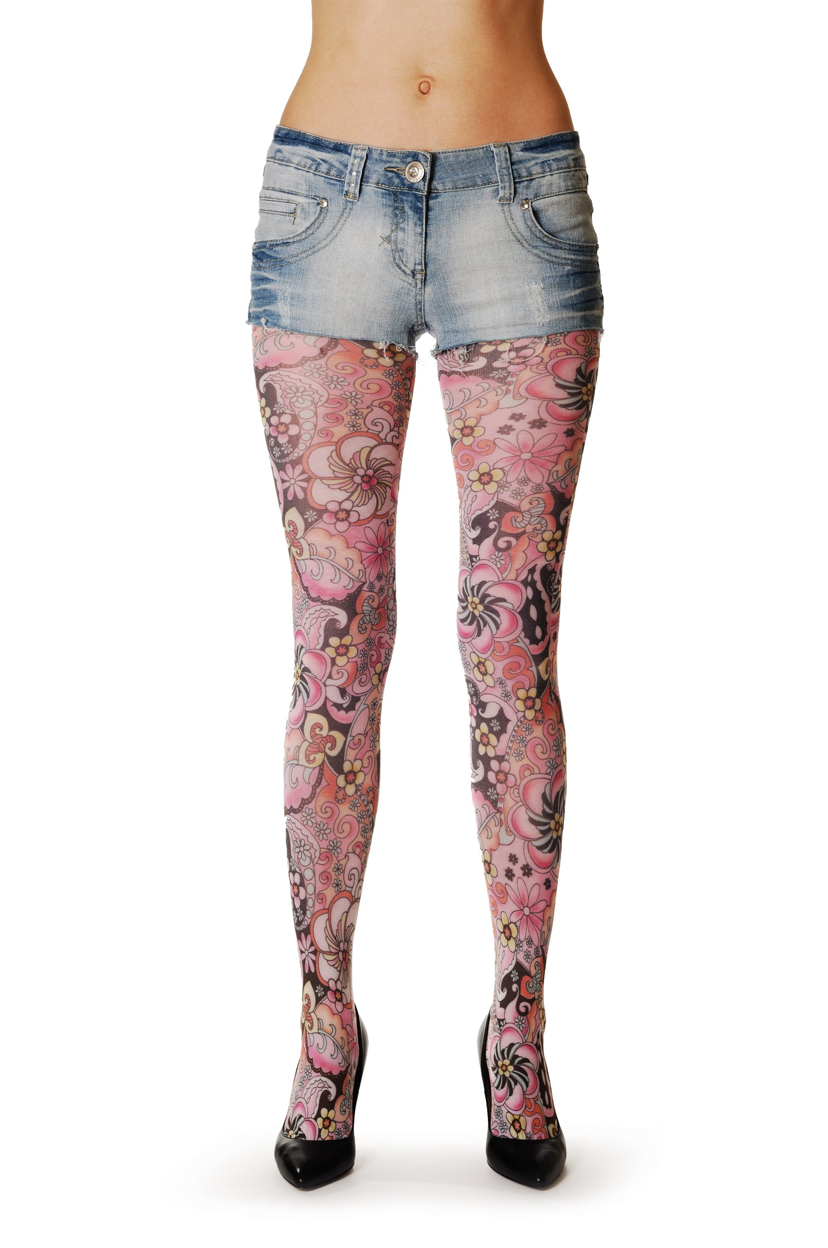 LissKiss White & Pink Floral Opaque Tattoo Pantyhose - Sexy Sheer Tights for Women, Fashionable Legwear for Parties, Cosplay & Everyday Wear