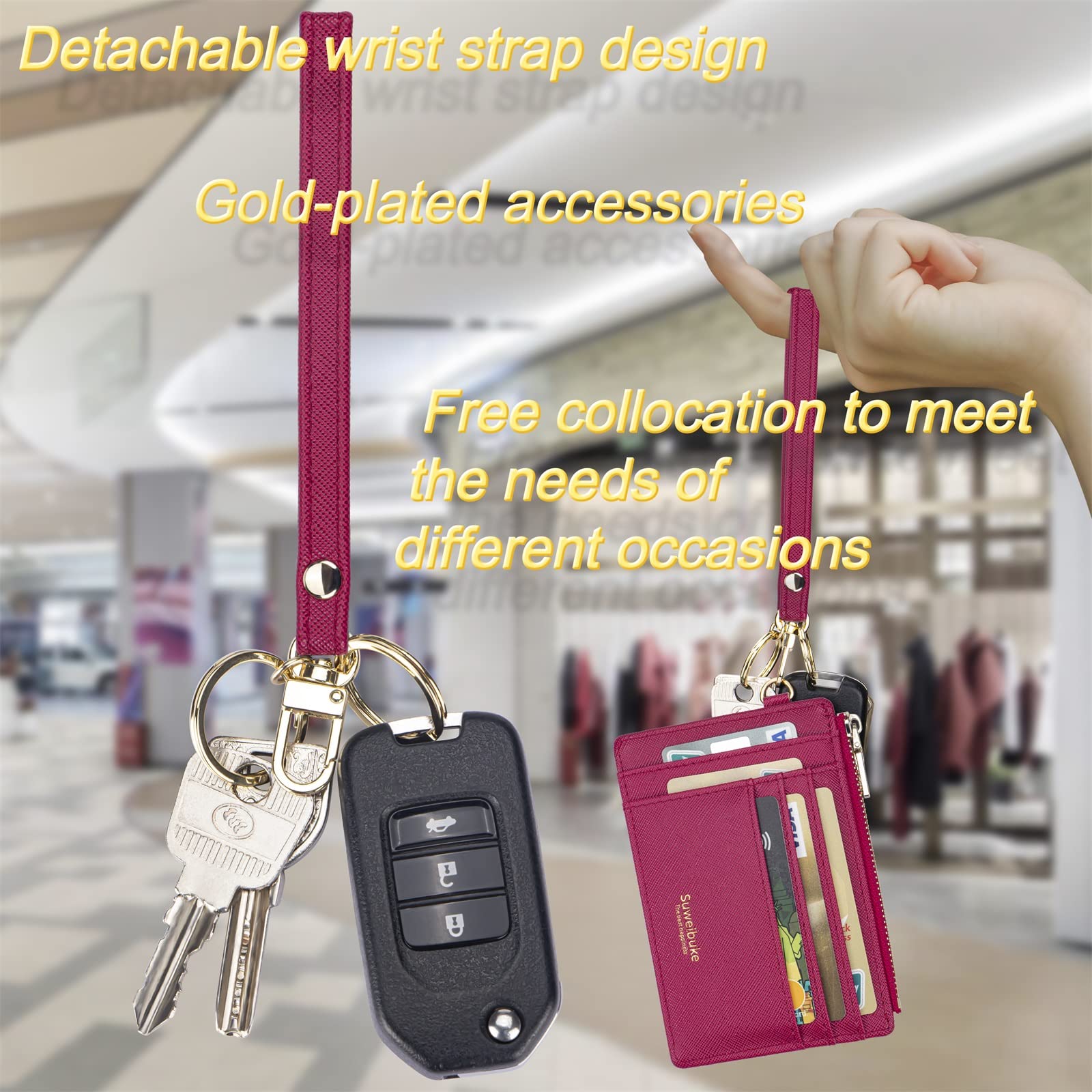 Wikavanli Women's Slim RFID Blocking Leather Wallet - Credit Card Holder Wristlet with Keychain, Zip ID Case & Coin Purse (Rose Red) | Perfect for Travel, Shopping & Everyday Use