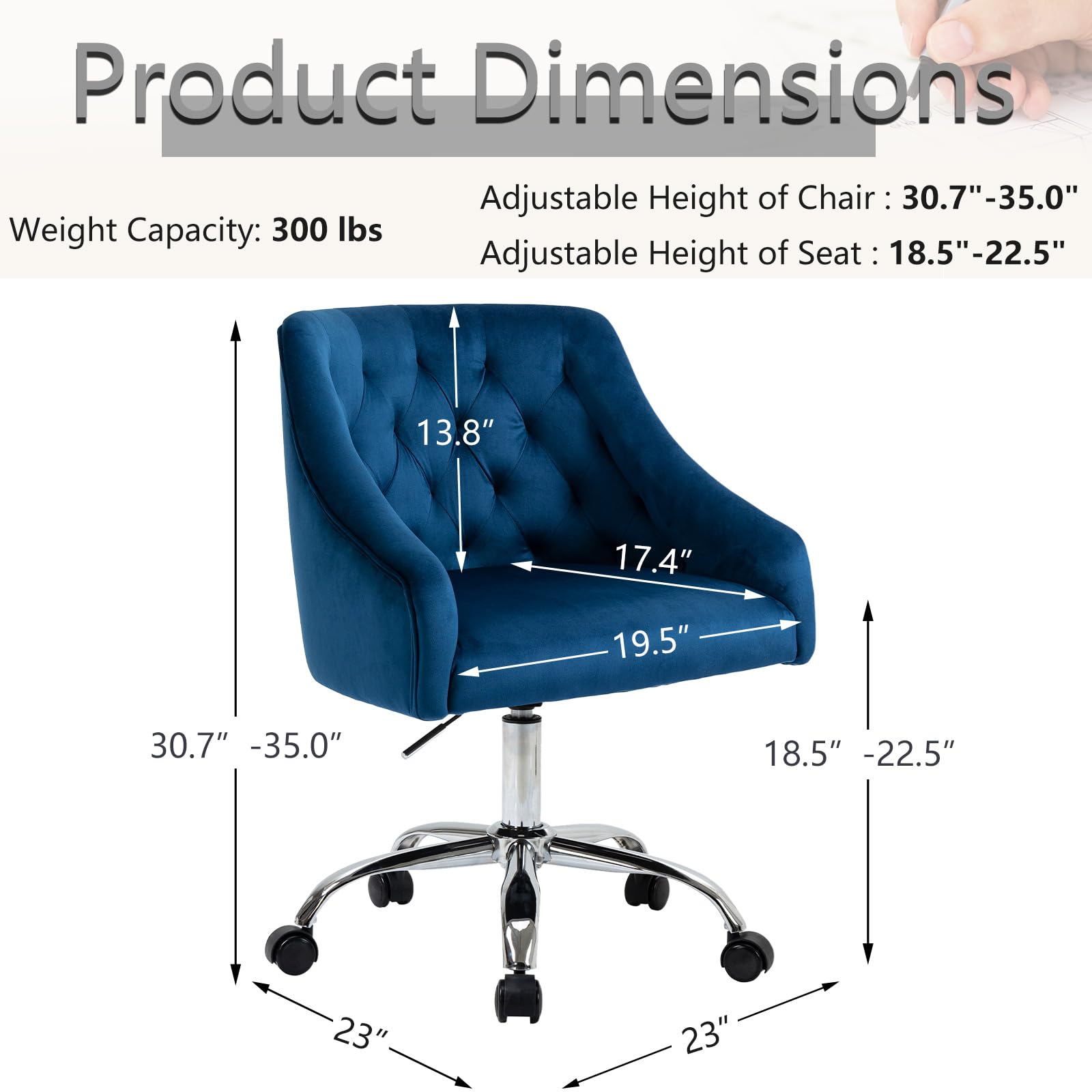 ATTICA Modern Velvet Office Chair - Adjustable Height Mid-Back Task Chair for Home Office, Computer Desk, Gaming & Study - Navy Blue Ergonomic Swivel Chair with Comfortable Seat Cushion