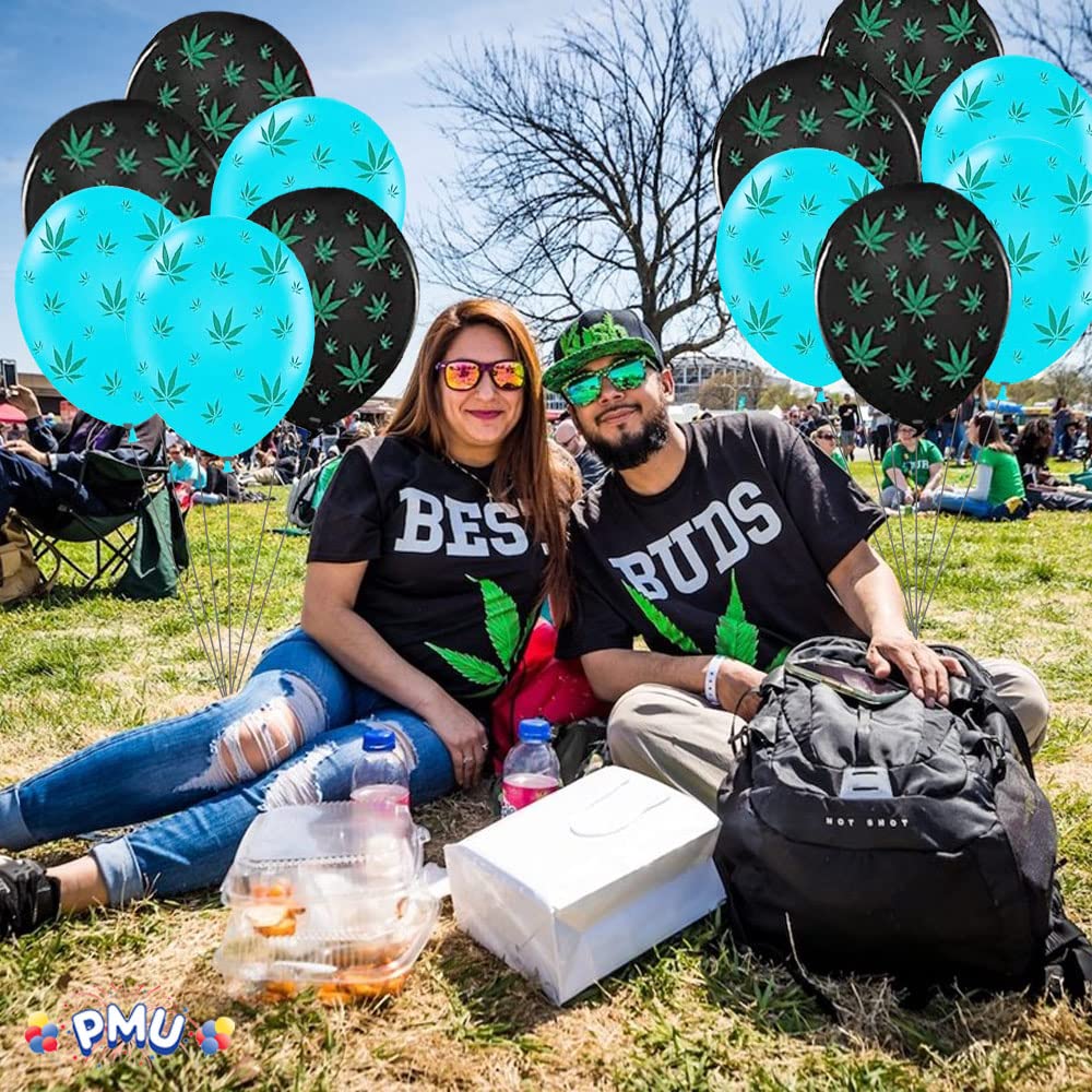 Premium 11in Black & Turquoise Marijuana Balloons with All-Over Green Leaf Print - Pack of 25 for Cannabis-Themed Parties, Bachelorette Events & 420 Celebrations
