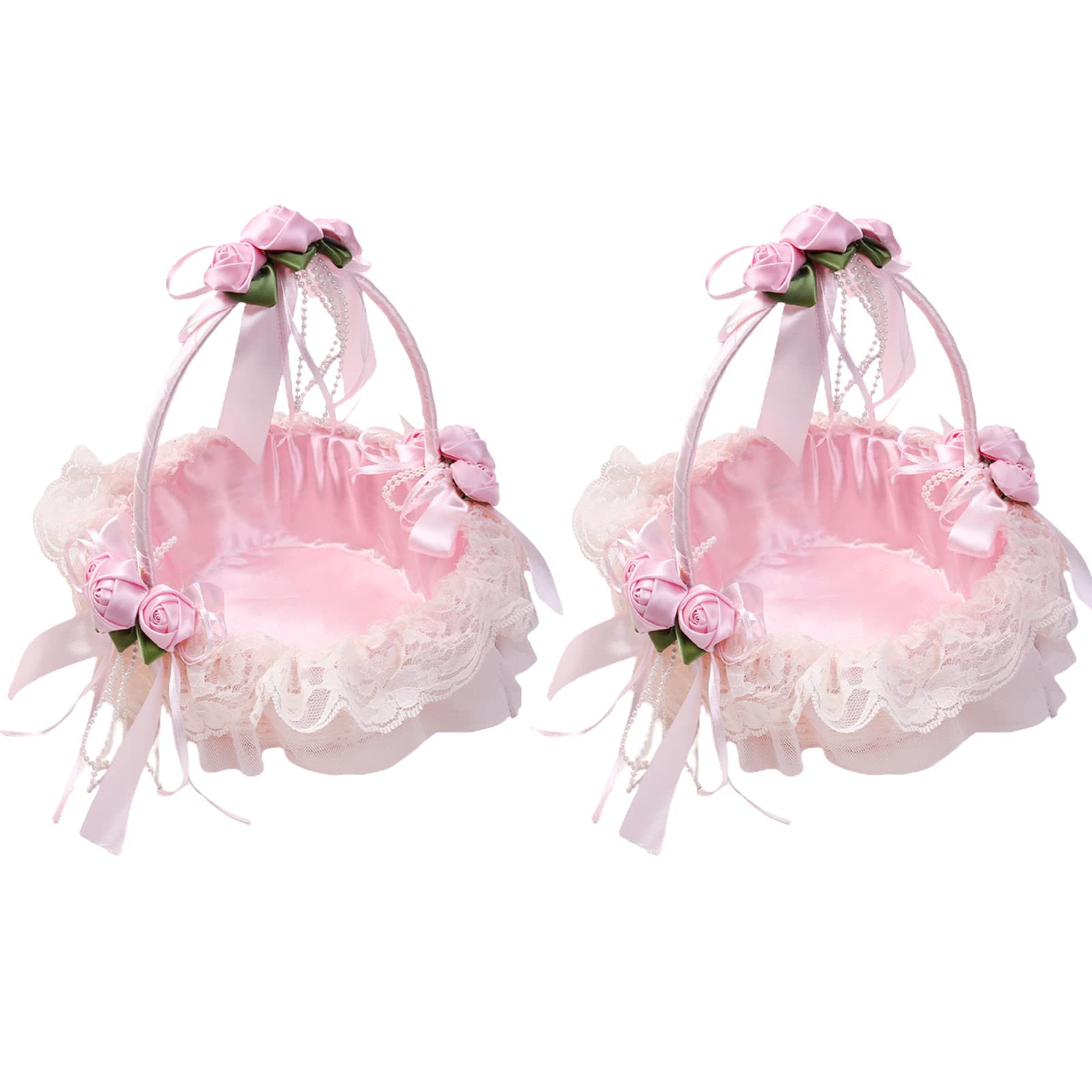HLTER 2PCS Pink Romantic Wedding Flower Lace Ribbon Baskets with Fake Pearl Decor - Elegant Flower Girl Basket with Handle for Wedding Party Supplies (22x22x22cm) | Perfect for Bridal Showers, Wedding Aisle Decor & Flower Petal Storage