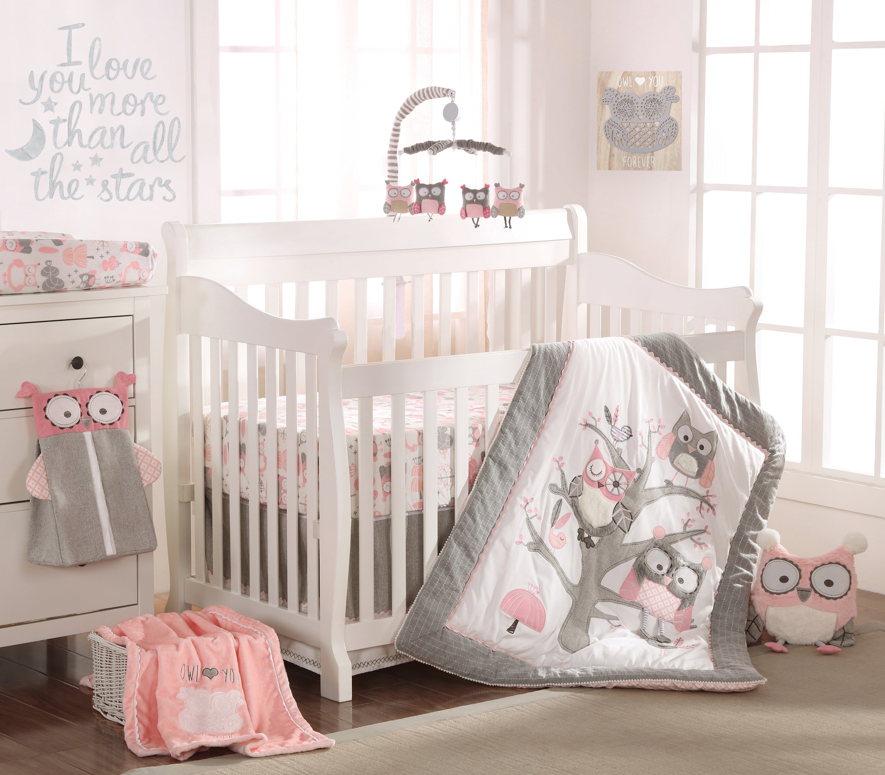 Soft & Breathable Night Owl Cotton Crib Fitted Sheet - Pink Baby Crib Sheet for Nursery, Toddler Bed & Portable Crib - Perfect for Daycare, Travel & Home Use
