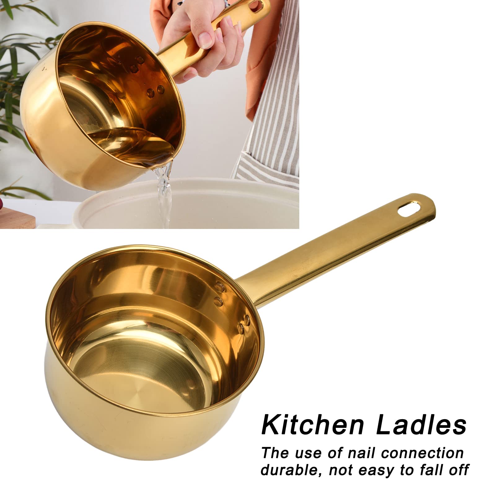 Stainless Steel Long Handle Water Ladle - Gold Kitchen Scoop for Cooking, Bathing & Washing - Perfect for Soup, Tea, Pet Water Bowls & Garden Use
