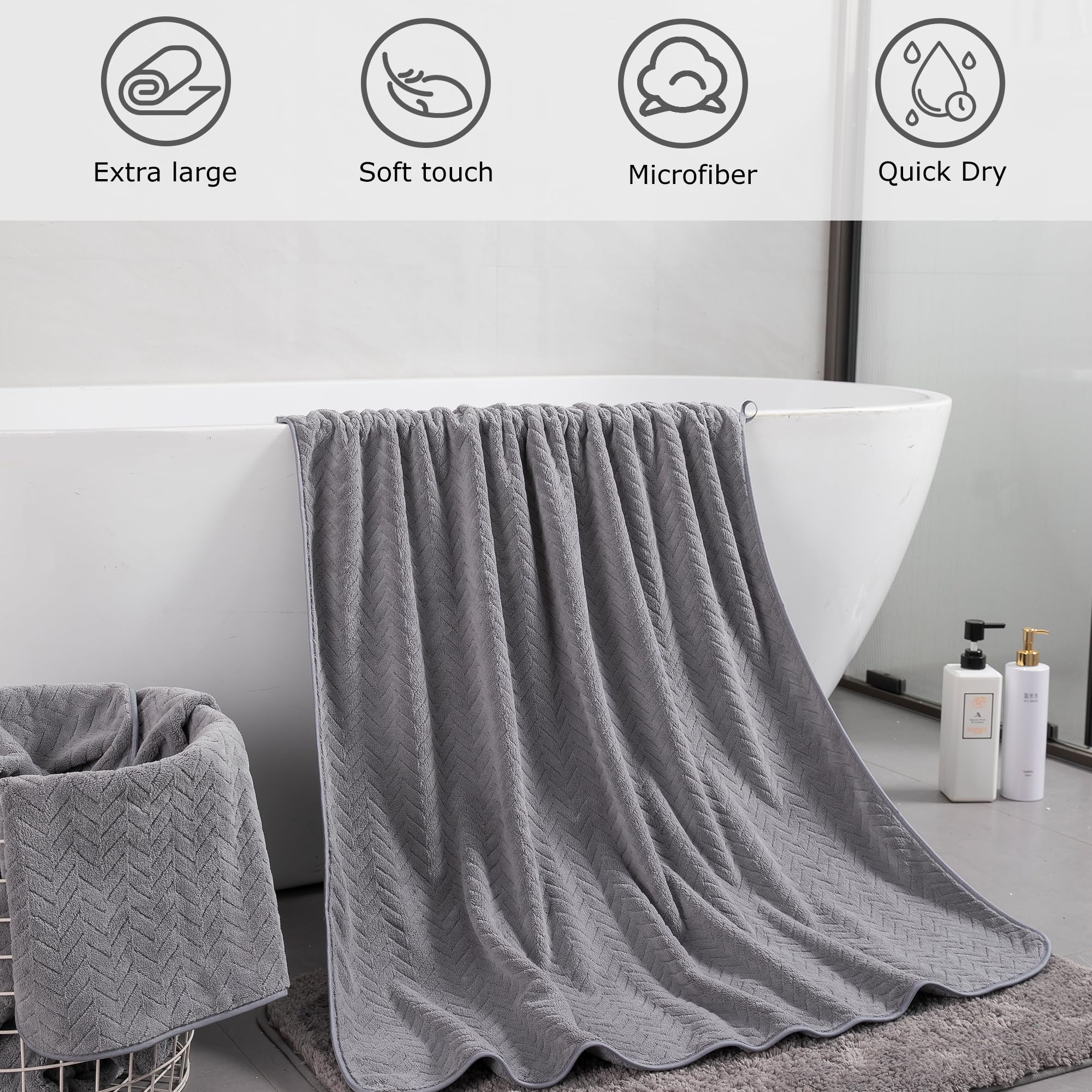 Premium Oversized Bath Towels Set - 600 GSM Ultra Soft Microfiber, Highly Absorbent Extra Large Bath Towels for Spa, Hotel & Home Use - Machine Washable Luxury Towel Set (Dark Grey, 4 Pieces) - Perfect for Bathrooms, Guest Rooms & Beach Trips