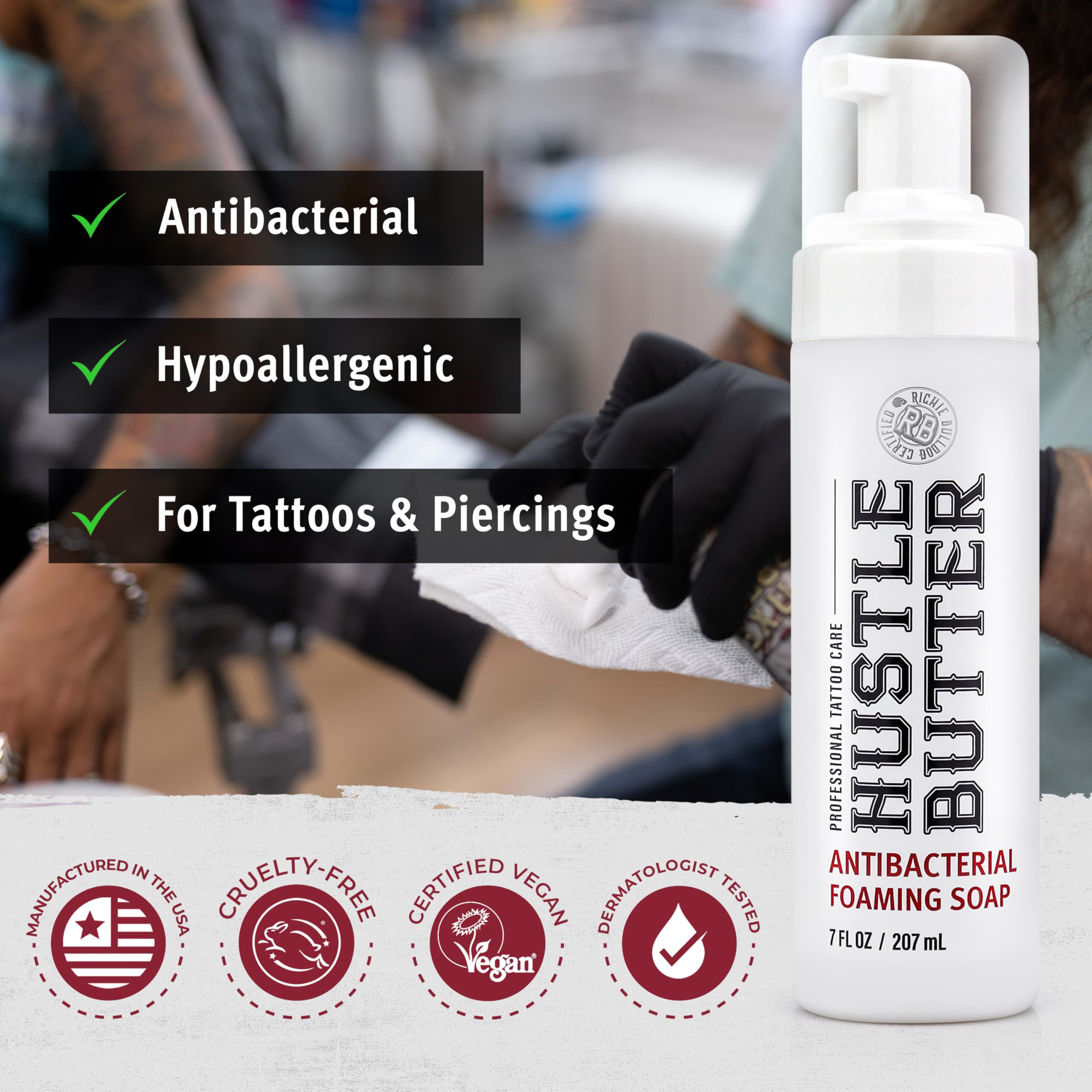 Hustle Bubbles Tattoo Aftercare Soap - Antibacterial Cleanser for New Tattoos & Piercings - 7oz Essential Tattoo Supplies - Perfect for Post-Tattoo Healing & Body Art Maintenance
