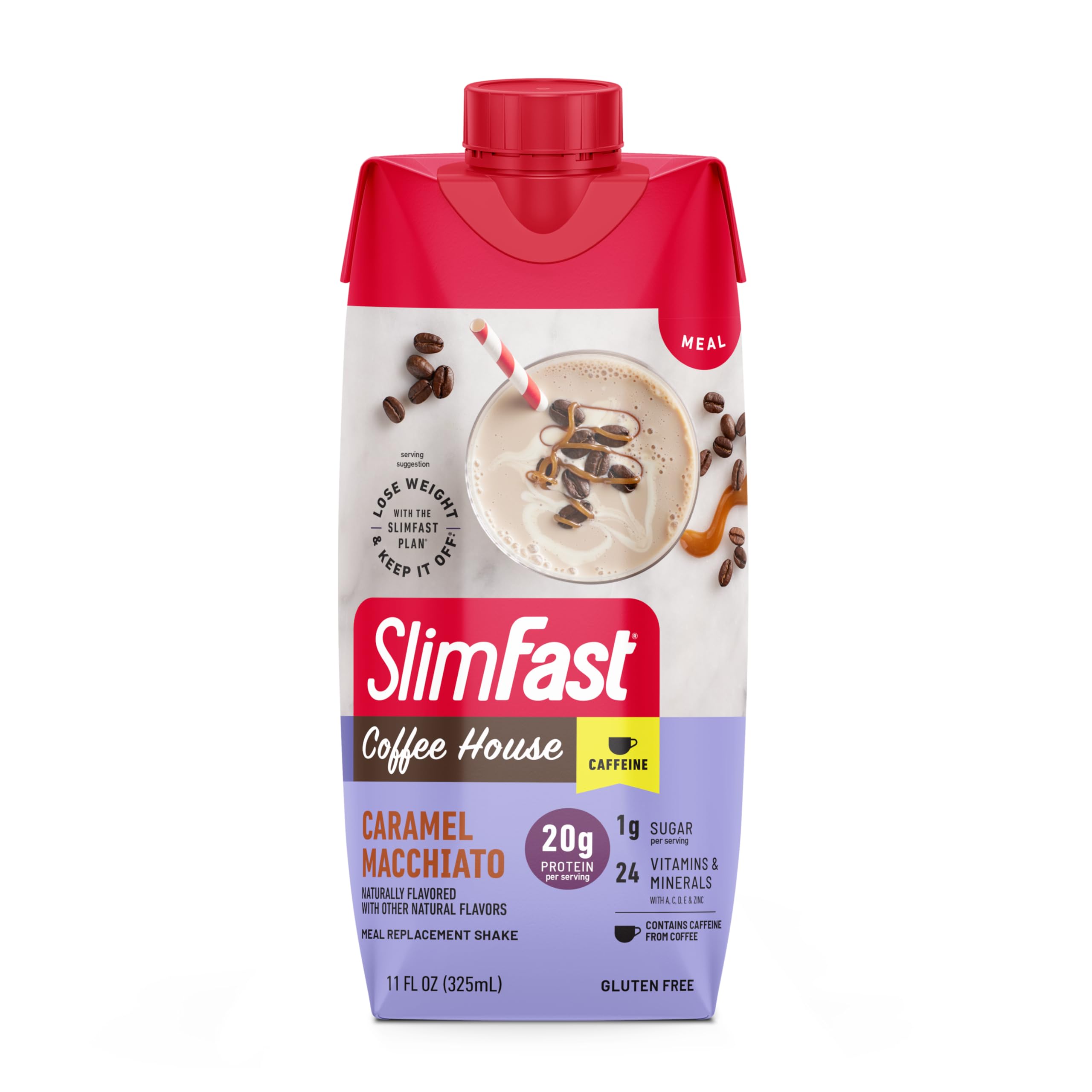 SlimFast Protein Shake with Caffeine - Caramel Macchiato Flavor, 20g Protein Meal Replacement Shake, Low Carb Low Sugar, 24 Vitamins & Minerals (12 Count) - Perfect for Weight Loss, Post-Workout Recovery & Busy Mornings