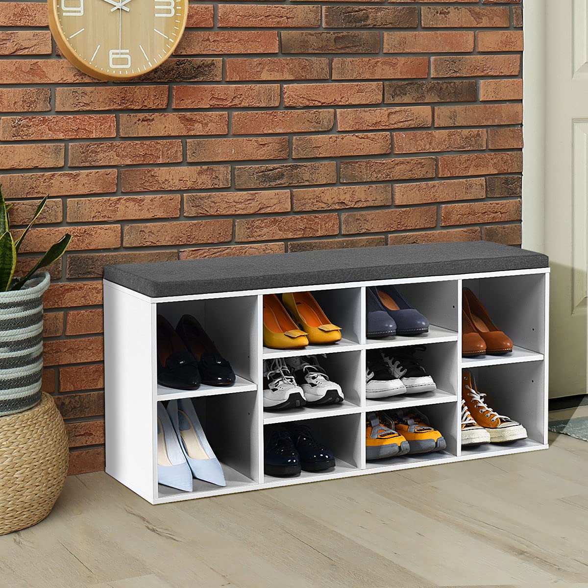 Giantex Shoe Storage Bench with Cushion - 10-Cubbies Adjustable Shoe Organizer for Entryway, Living Room, Bedroom | Entryway Shoe Rack Bench with Adjustable Shelves | Perfect for Hallway, Closet & Mudroom Organization (White)