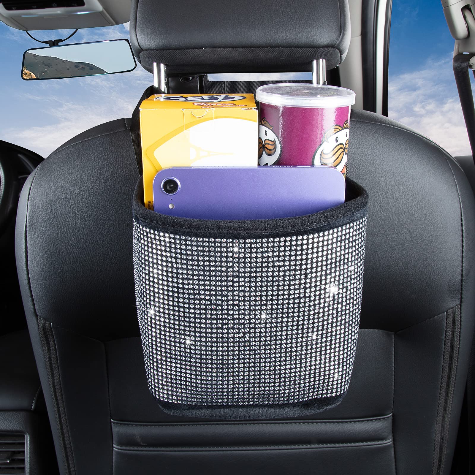 Premium Bling Crystal Car Seat Organizer - 2 Pack Diamond Car Accessory for Front/Back Seat Storage, Travel Caddy Bag & Garbage Pocket Bin (Pure White) - Perfect for Road Trips, Family Travel & Daily Commute