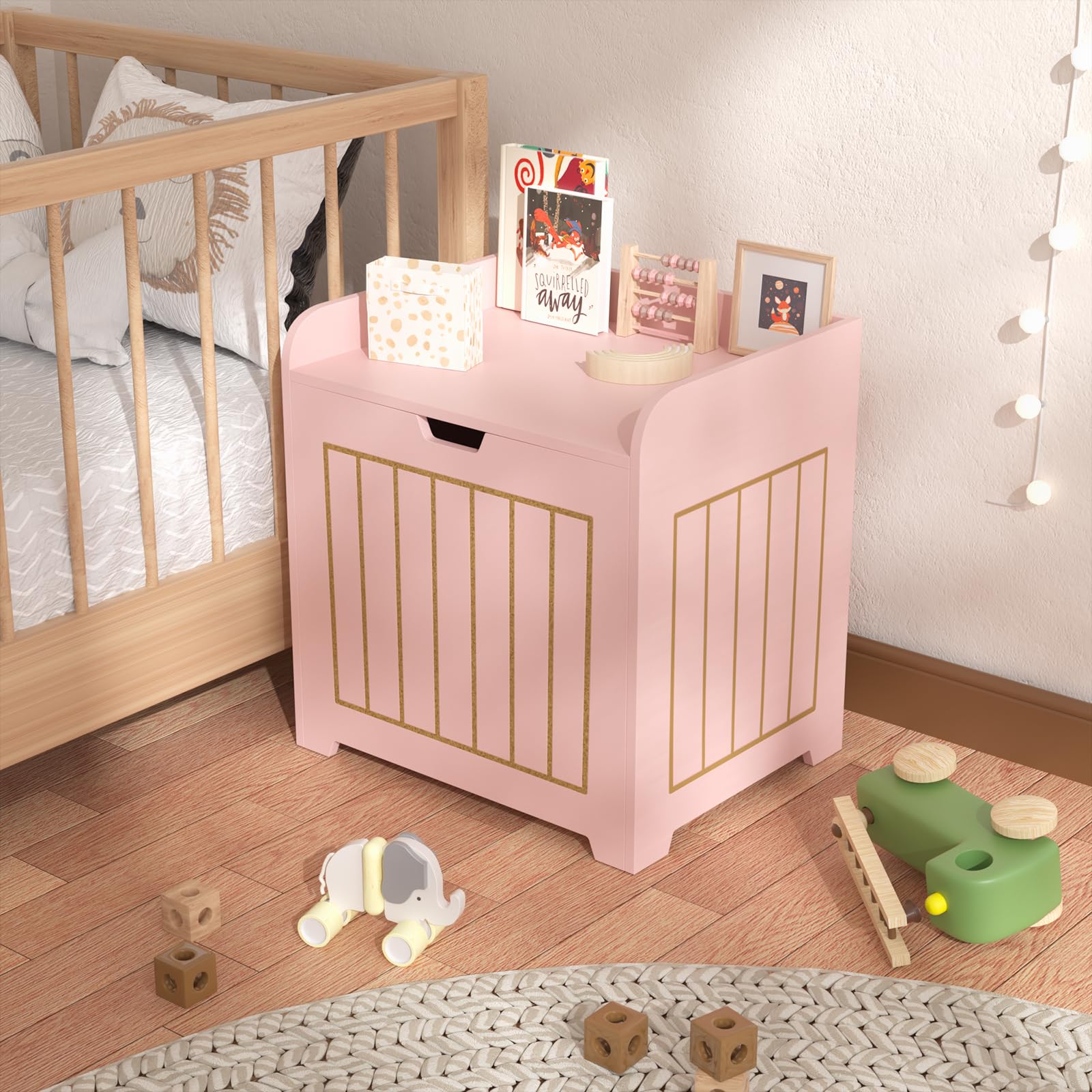 Pink Wooden Kids Storage Chest - Small Cube Toy Organizer Box for Clothes, Toys & Plants - Entryway Storage Bin & Square Nightstand for Playroom, Bedroom, Nursery - Perfect for Home Organization & Kids Room Decor