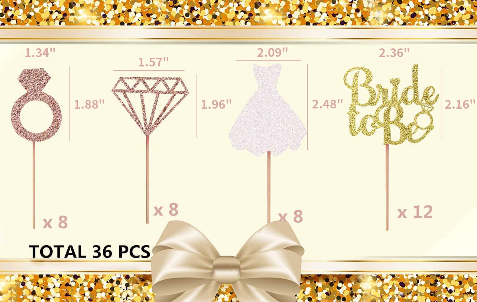 JeVenis 36 PCS Bride to Be Cupcake Toppers - Diamond Ring & Wedding Dress Cupcake Decorations for Wedding, Engagement, Bridal Shower & Bachelorette Party Decor