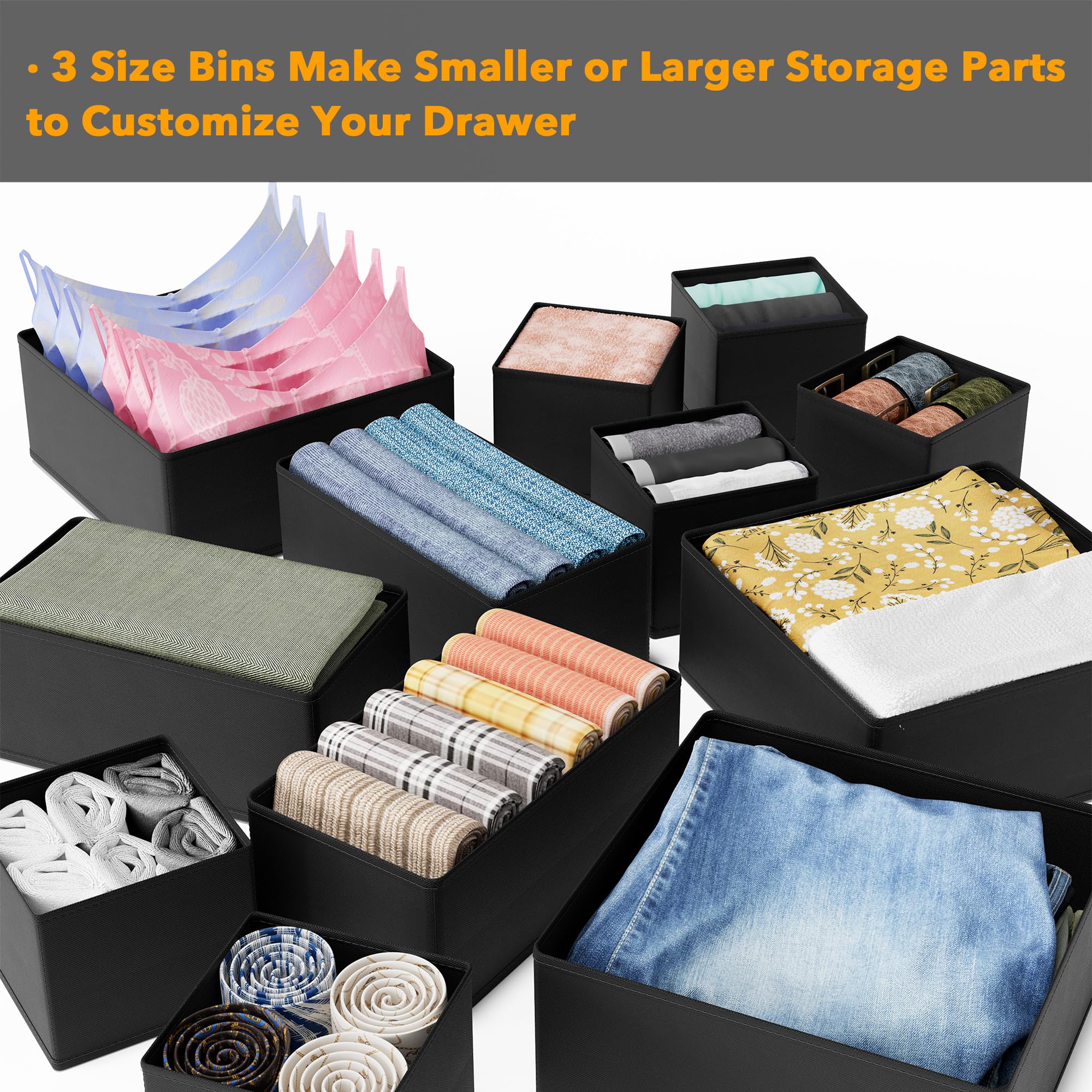 SpaceAid 12-Pack Black Drawer Organizer Bins for Clothes, Baby Clothes, Underwear & Socks - Perfect for Nursery Dresser, Closet Organization & Storage Dividers | Ideal for Home, Office & Travel Use