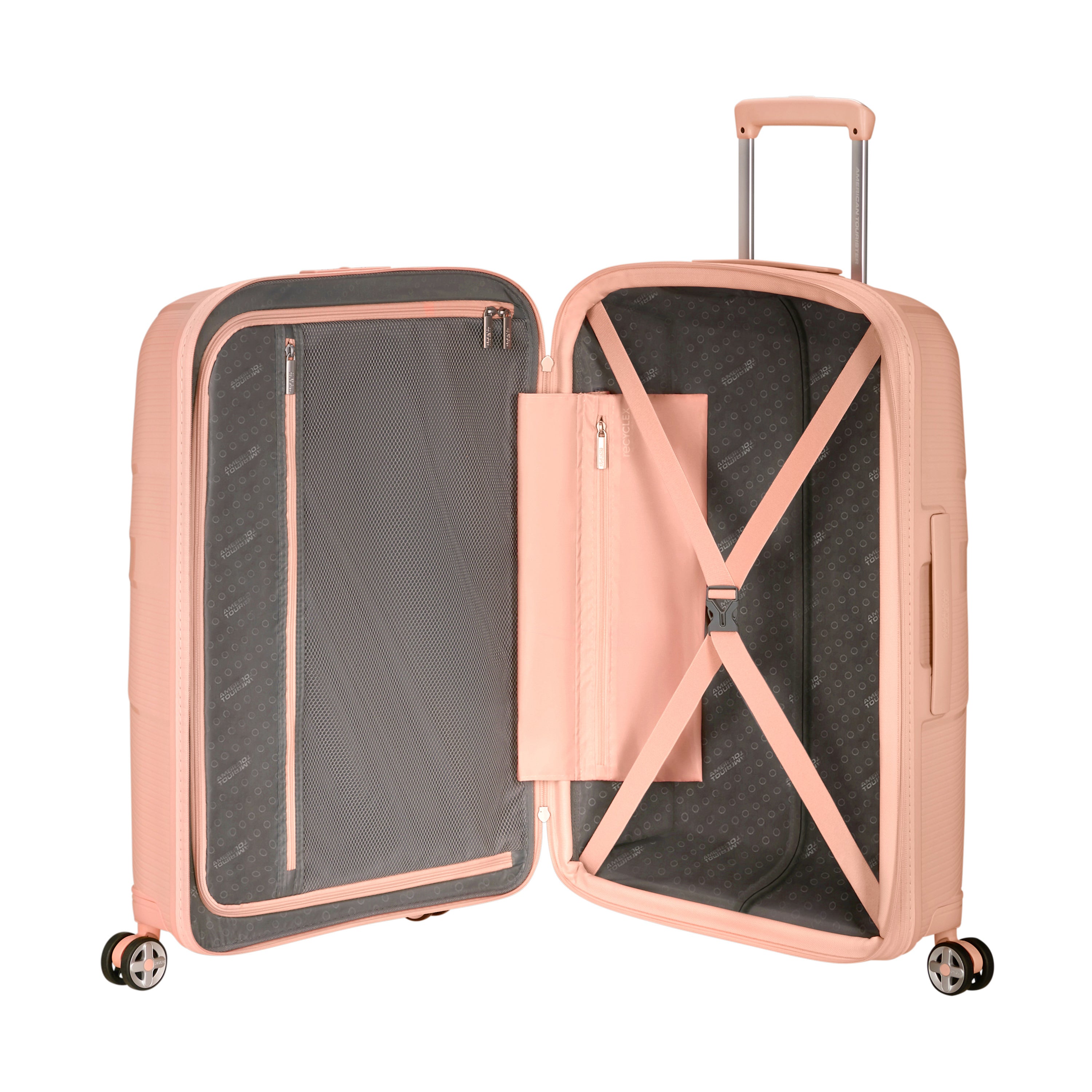 American Tourister StarVibe Spinner Medium Expandable Luggage - Metallic Peach | Lightweight Suitcase for Travel, Business Trips & Vacations | Durable Hardshell Carry-On with 360° Wheels
