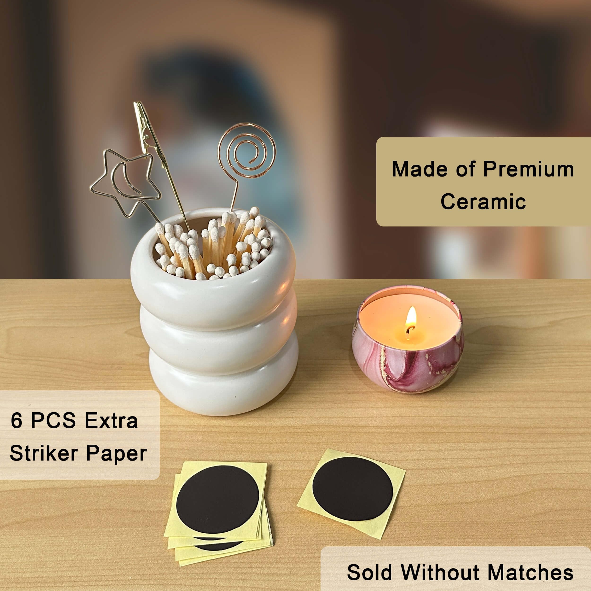 Decorative Ceramic Match Holder with Striker - Large Size for Long Matches Bulk (Sold Without Matches) - Perfect for Fireplaces, Candles & Outdoor Camping