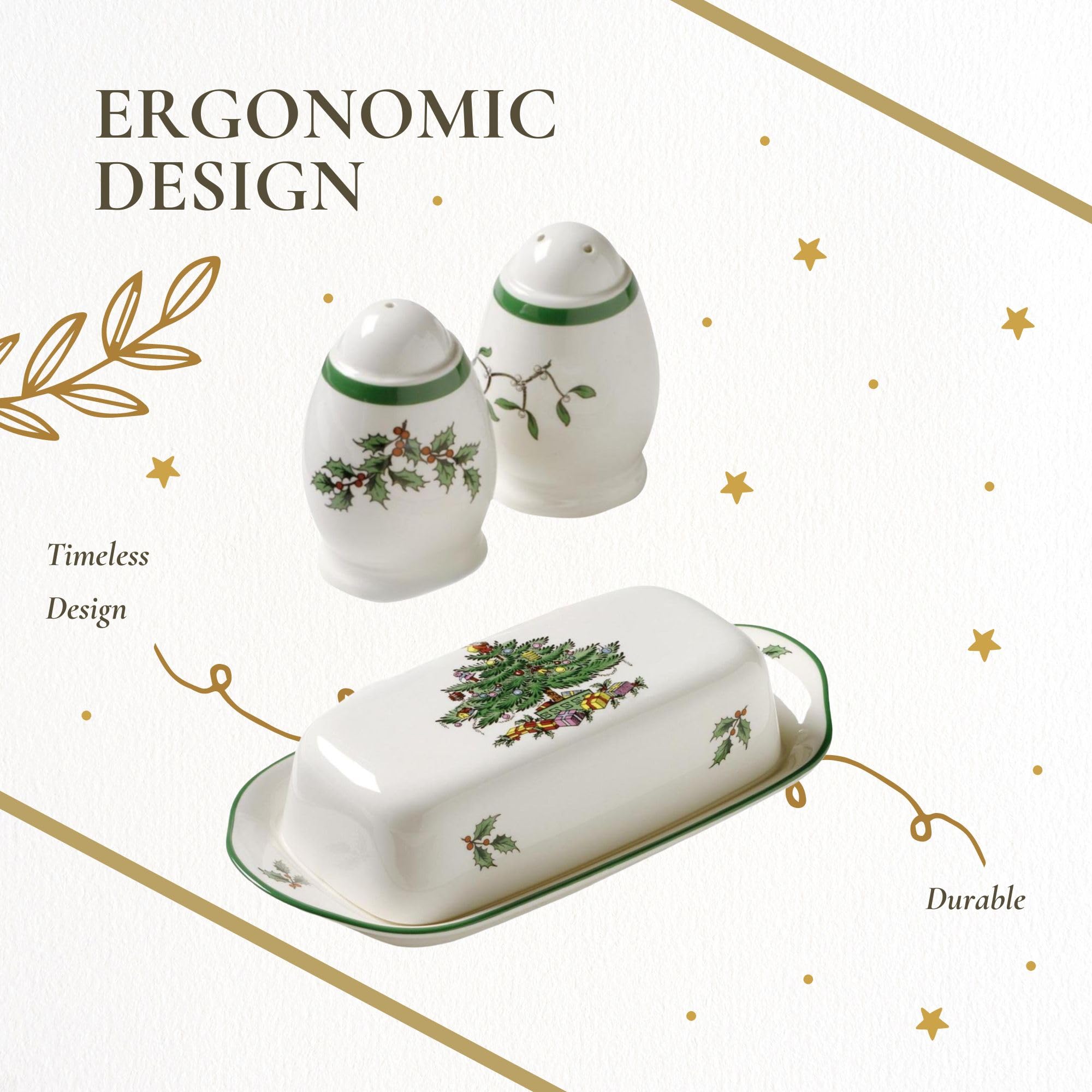 Spode Christmas Tree 3-Piece Hostess Set - Butter Dish with Lid, Salt & Pepper Shakers - Festive Earthenware for Holiday Entertaining - Dishwasher Safe Collectible Gift - Perfect for Christmas Dinner & Hostess Gifts