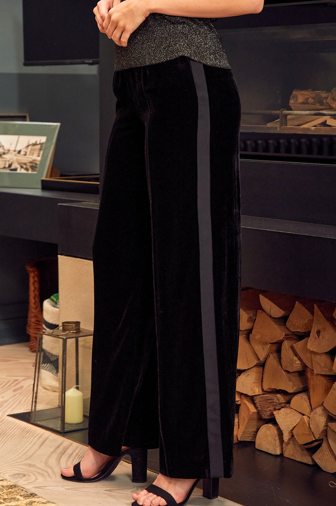 Velvet Side Stripe Trousers for Women - High Waist Black Dress Pants with Elastic Waistband | Elegant Office Work Pants & Night Out Bottoms