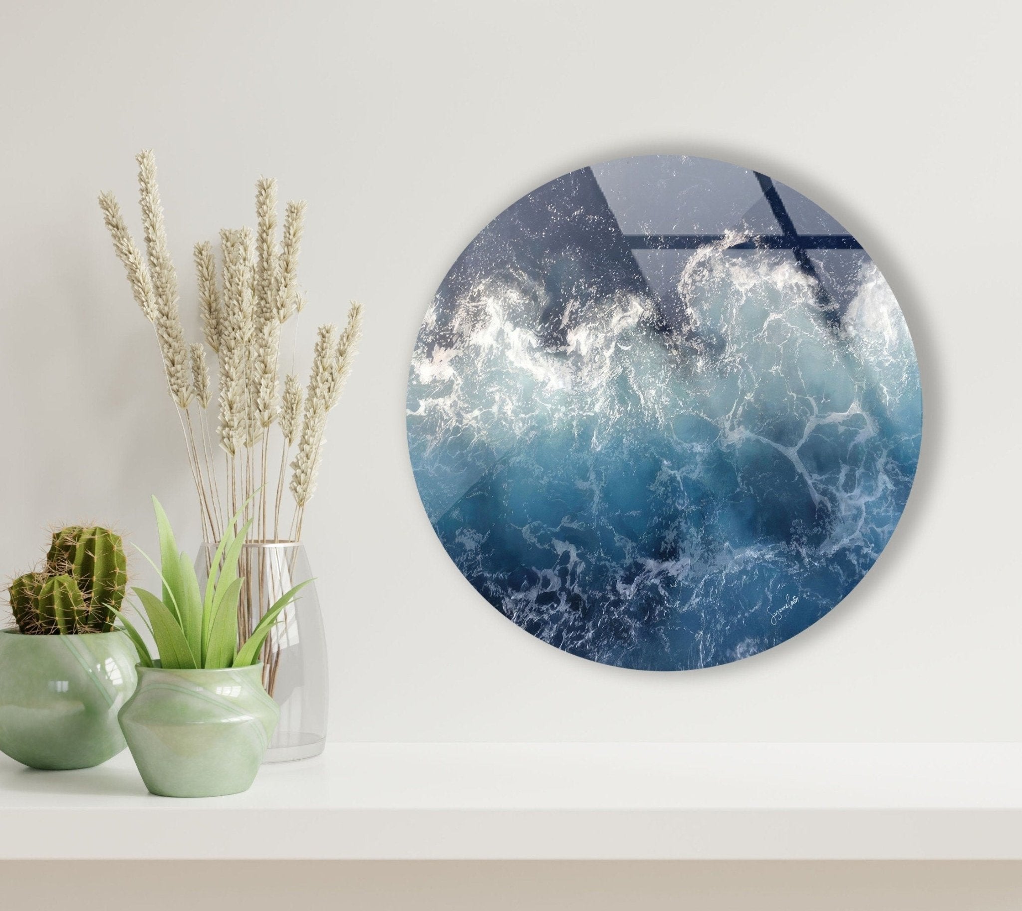 Abstract Round Ocean Waves Glass Wall Art - Coastal Beach Decor for Living Room, Bedroom & Office - Handmade Seascape Mural for Home & Office Decor