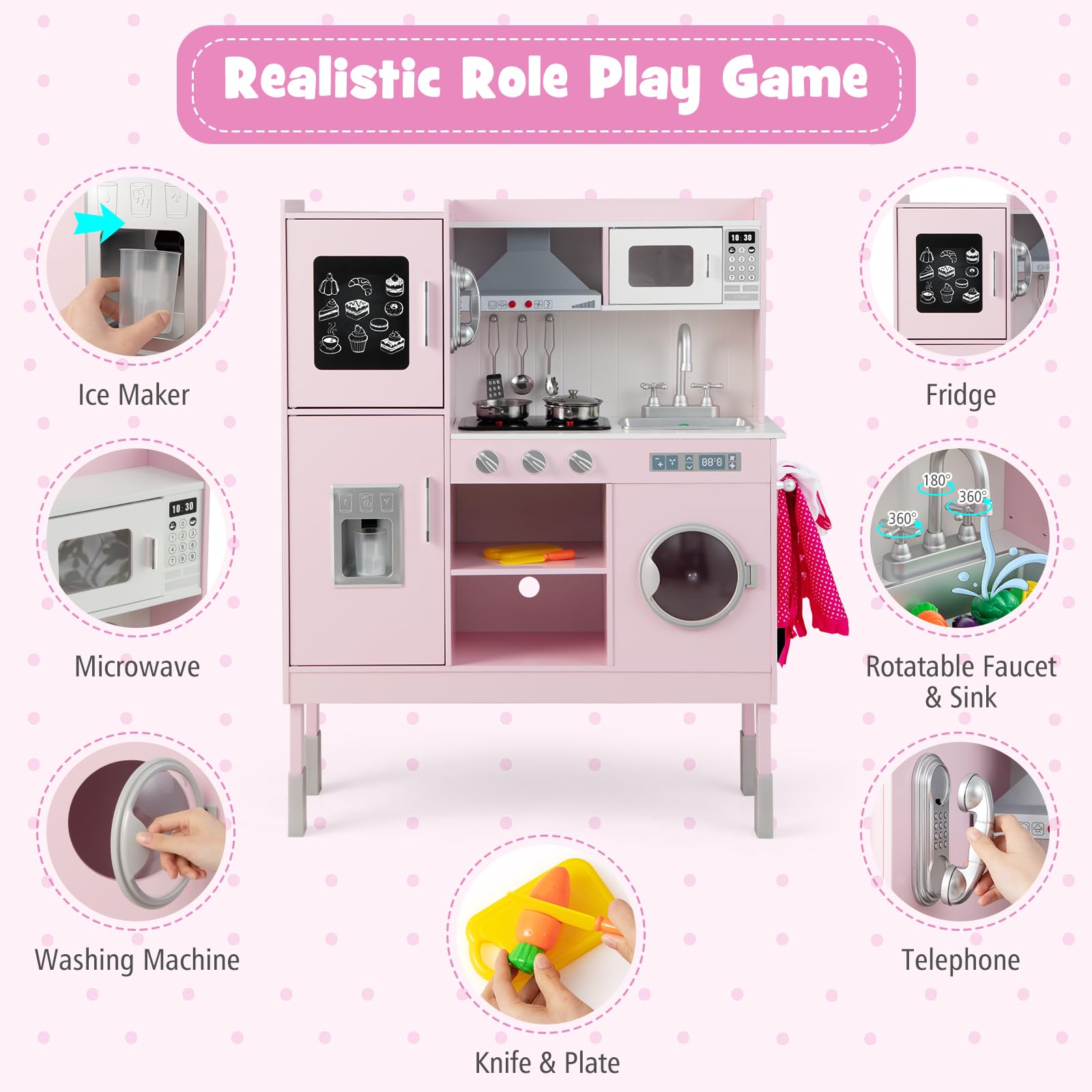 HONEY JOY Pink Wooden Play Kitchen Set for Toddlers - Pretend Play Toy with Microwave, Cookware, Washing Machine & Blackboard - Educational Gift for Boys & Girls - Perfect for Birthday, Christmas & Role-Playing Fun