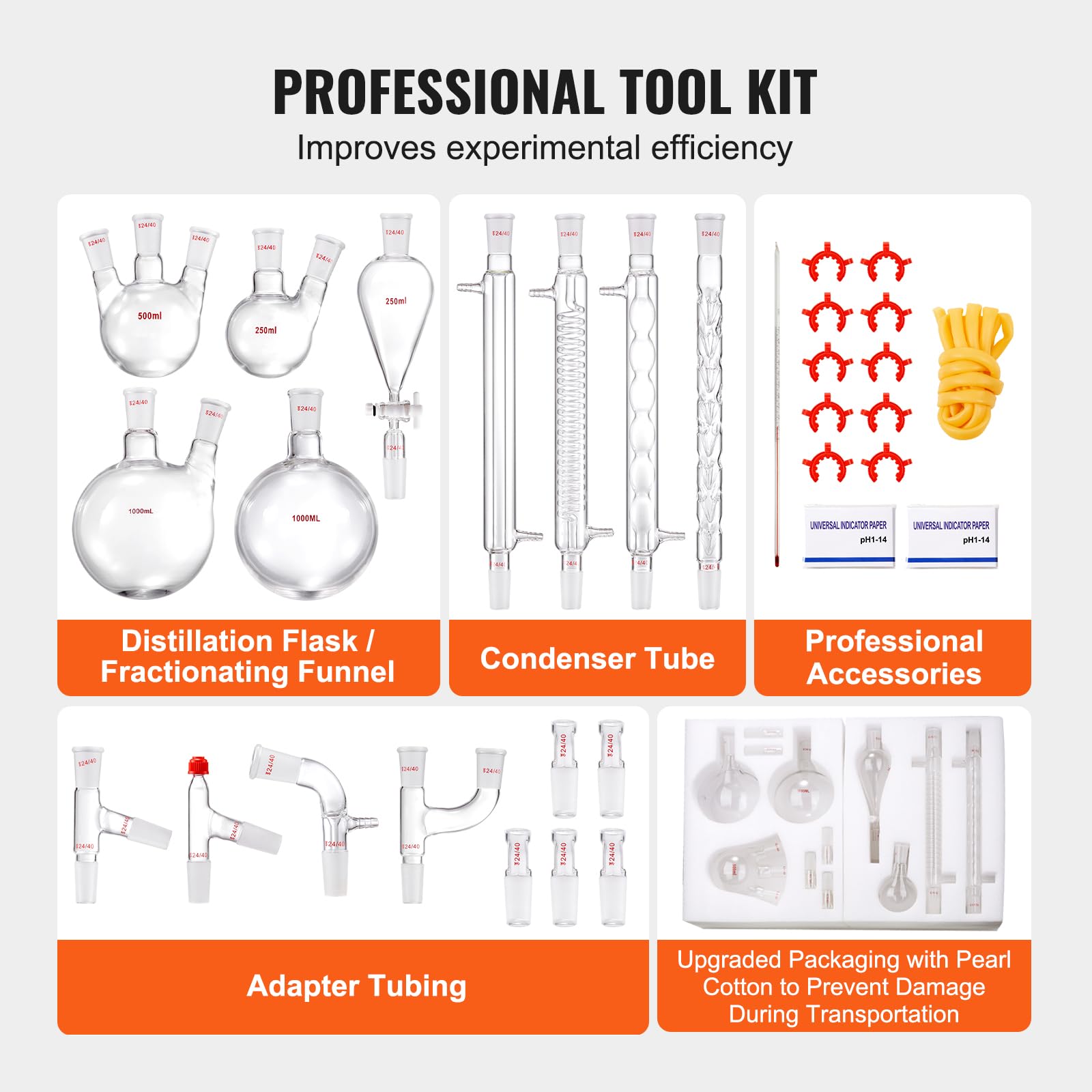 VEVOR 3.3 Boro Lab Glass Distillation Kit - 1000ml Essential Oil Extraction Apparatus with 24/40 Joints, 32-Piece Chemistry Glassware Set for Home DIY, Aromatherapy & Herbal Distillation