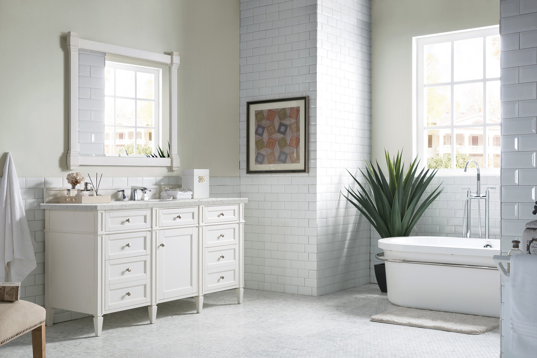 Brittany 60-Inch Bright White Bathroom Vanity with 3CM Eternal Jasmine Pearl Quartz Countertop | Modern Single Sink Vanity for Master Bath & Powder Room Remodel