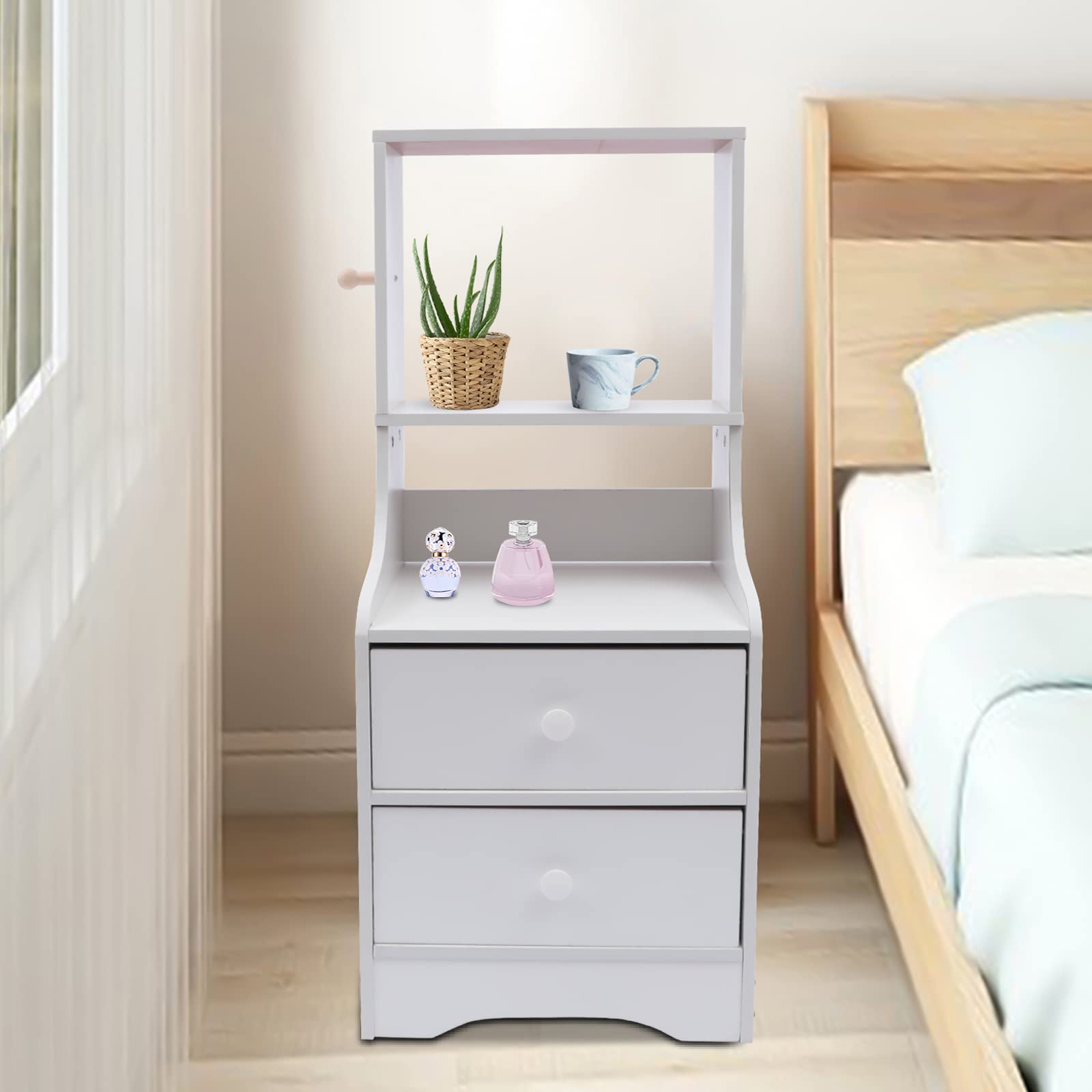 Modern White Tall Nightstand with 2 Drawers & Storage Shelf - Bedside Table Cabinet for Bedroom, Living Room - Perfect for Small Spaces, Apartment Furniture, Home Office Storage & Guest Room Essentials
