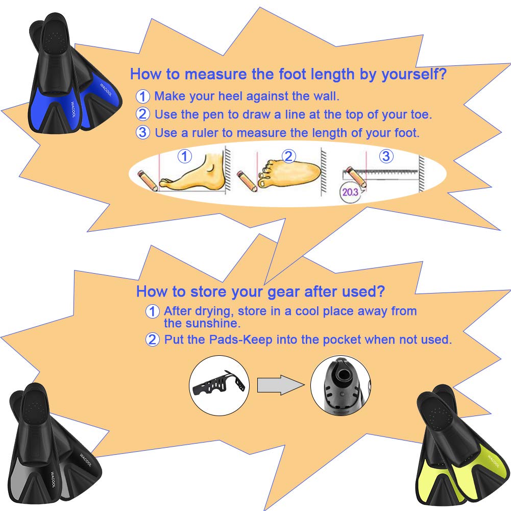 WACOOL Adult Short Blade Swim Fins - Lightweight Full Foot Pocket Flippers for Snorkeling, Scuba Diving & Swimming Training | Travel Size Swimming Gear for Pool, Beach & Ocean Adventures