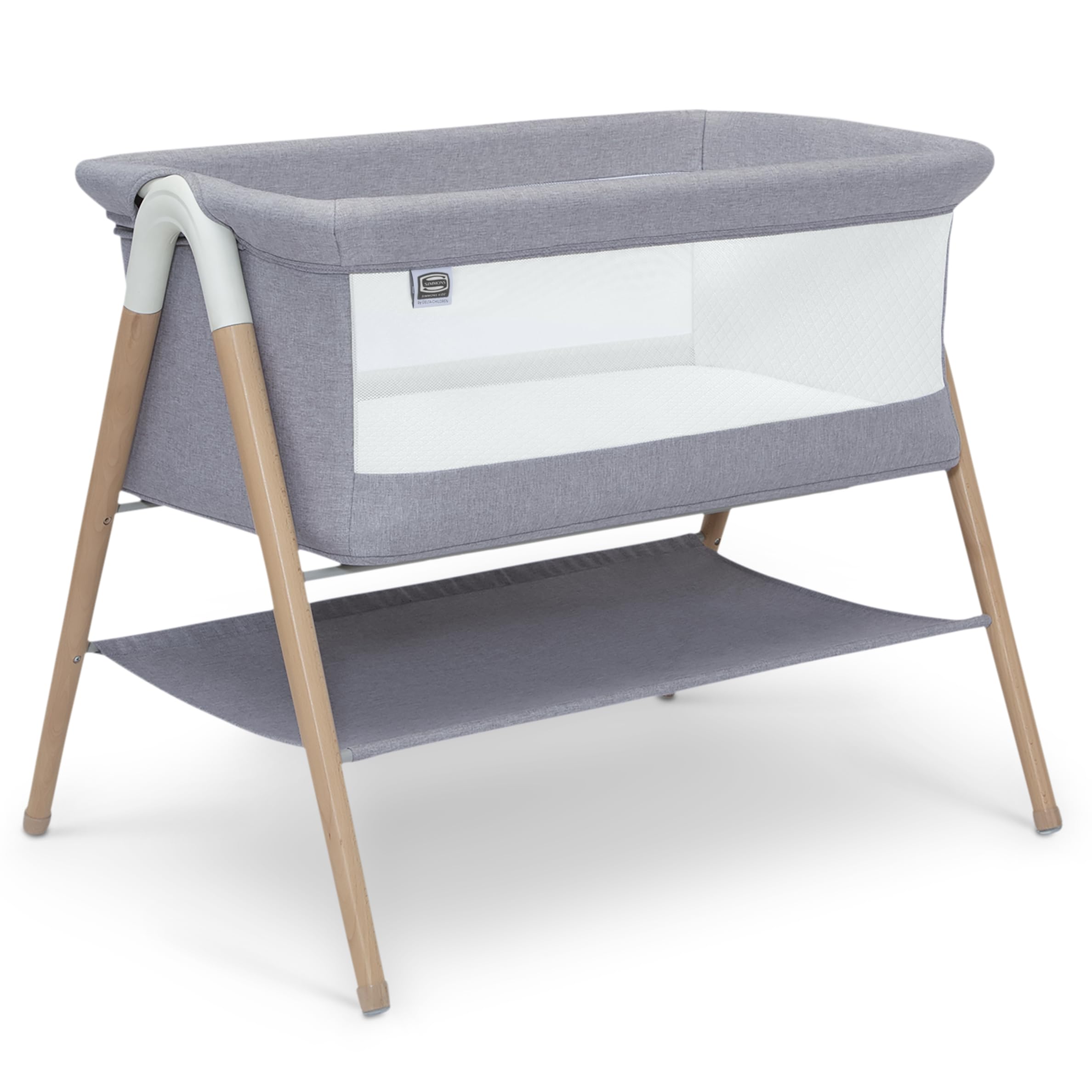 Simmons Kids Koi by The Bed Bassinet - Breathable Mesh Sides & Natural Beechwood Legs - Dove Grey - Safe Baby Sleeper for Bedside Co-Sleeping & Nursery