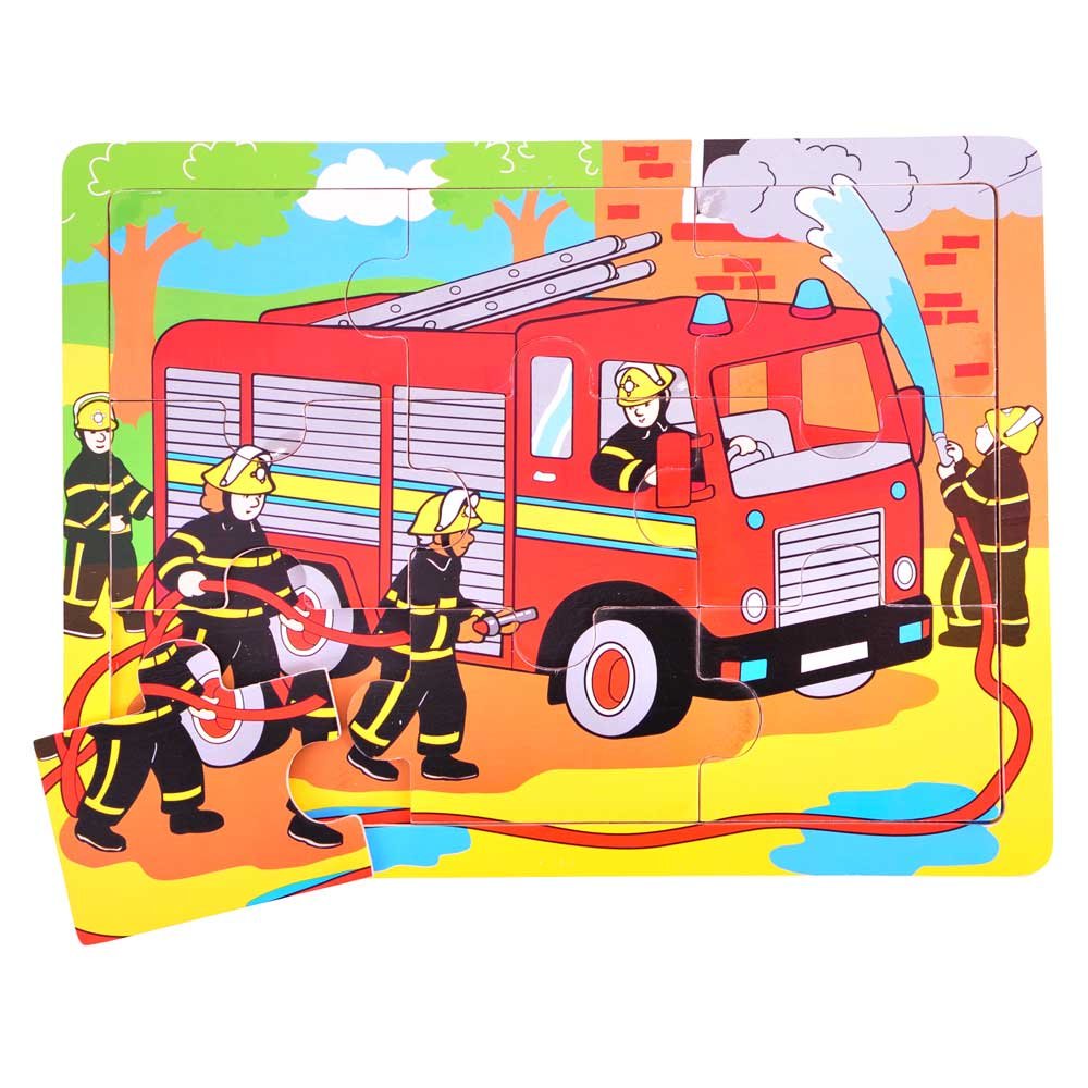 Bigjigs Toys Fire Engine Wooden Tray Puzzle for Kids - Educational Toddler Learning Toy for Home & Classroom Play