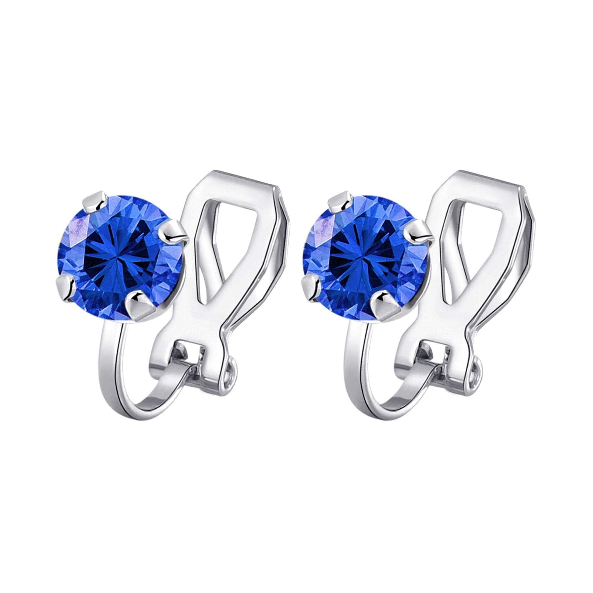 Zirconia Clip-On Earrings for Sensitive Ears - Dark Blue Crystal