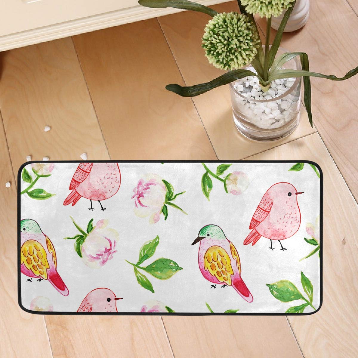 Non-Slip Watercolor Floral Birds Kitchen Rug - Absorbent Anti-Fatigue Floor Mat 20x20 Inch, Washable for Kitchen Decor, Dining Room, Dorm & Bedroom - Perfect for Standing Comfort While Cooking & Home Decor