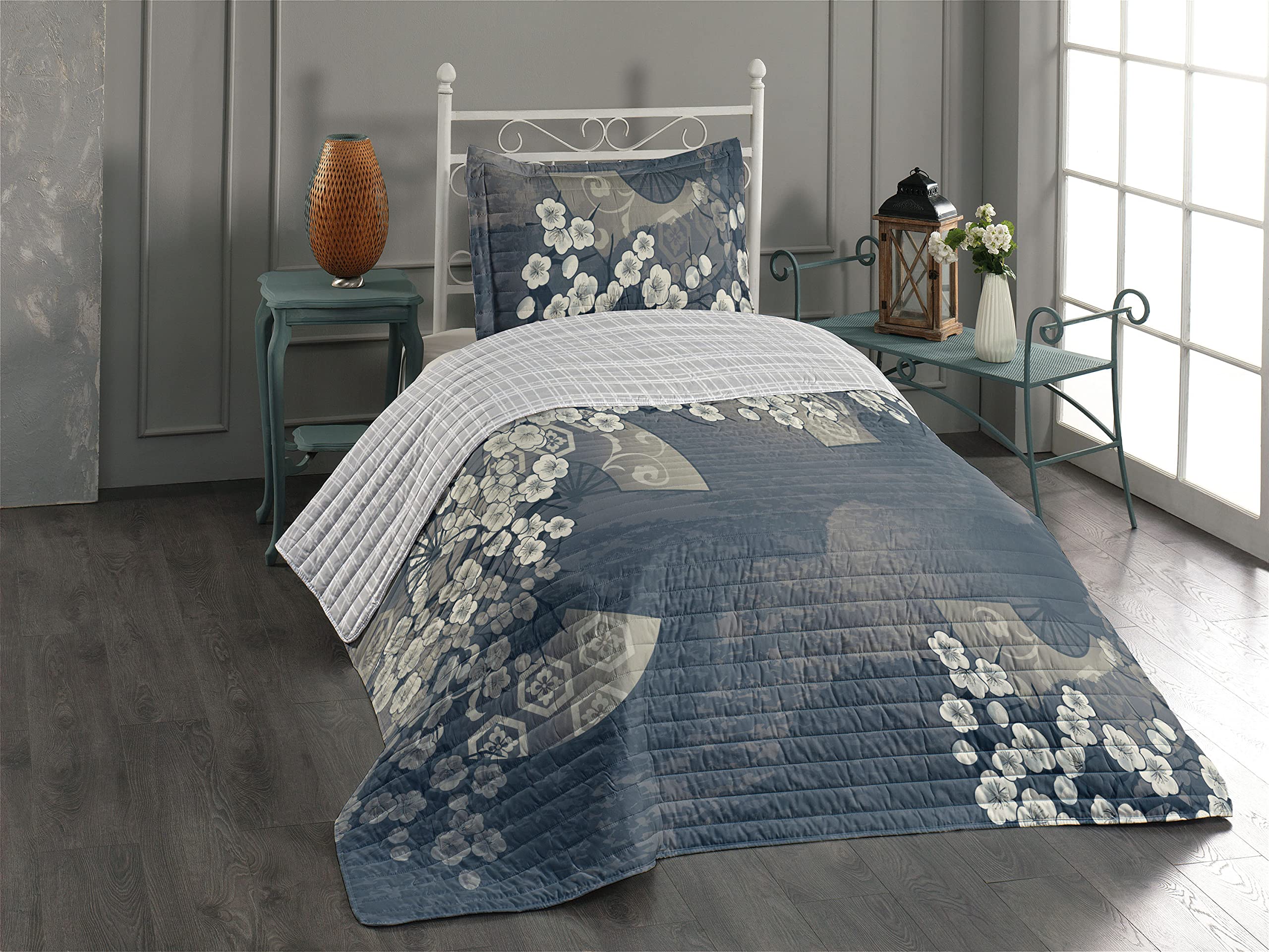 Ambesonne Reversible Bedspread Set - Japanese Cherry Blossom Sakura Tree Design, Twin Size Microfiber Bedding with Pillow Shams in Sea Blue | Spring Floral Decor for Bedroom, Dorm, Guest Room & Cozy Home Makeover