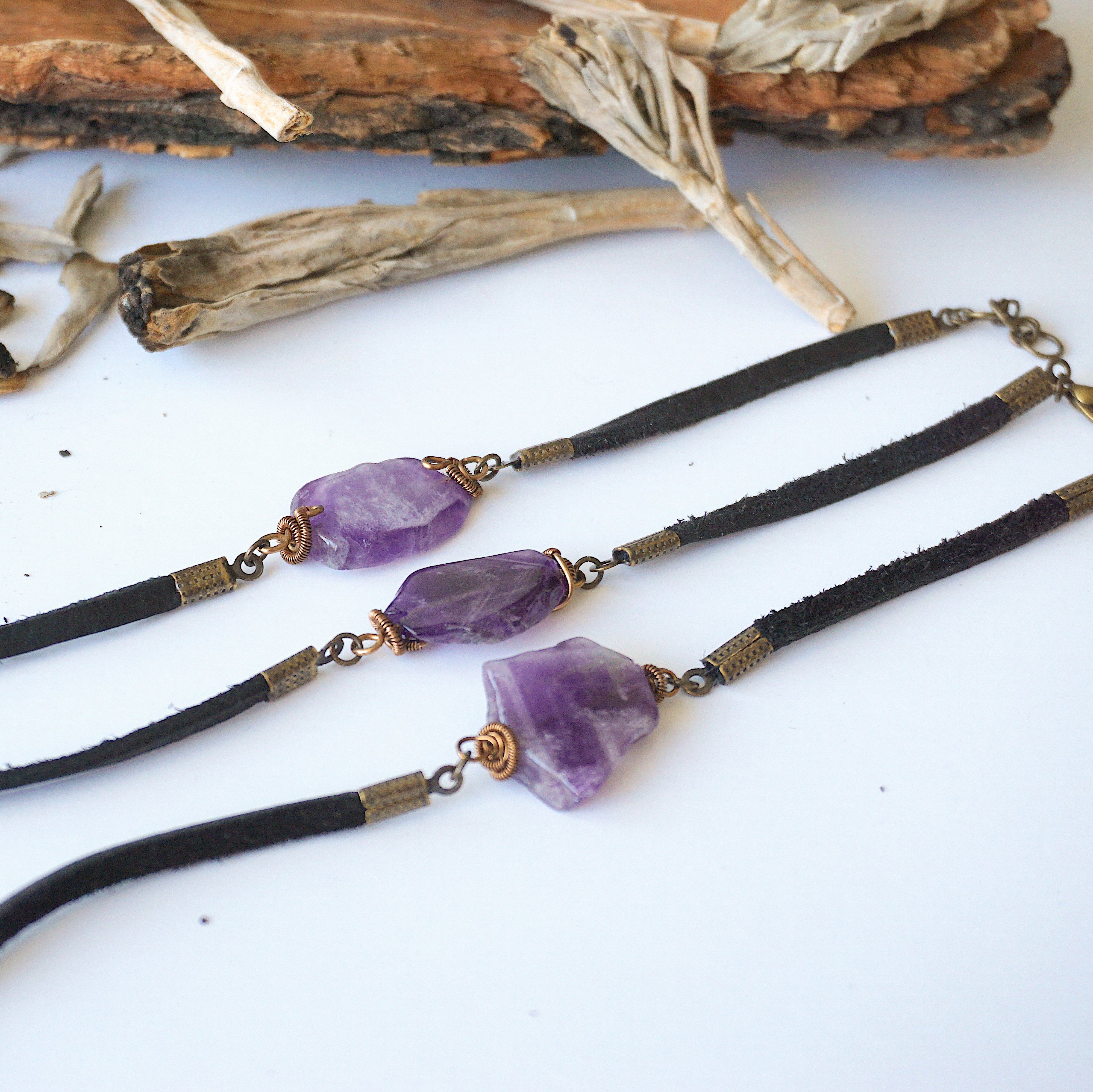 Amethyst Black Leather Bracelet for Women – Handmade Adjustable Crystal Healing Jewelry for Meditation, Yoga & Spiritual Gifts