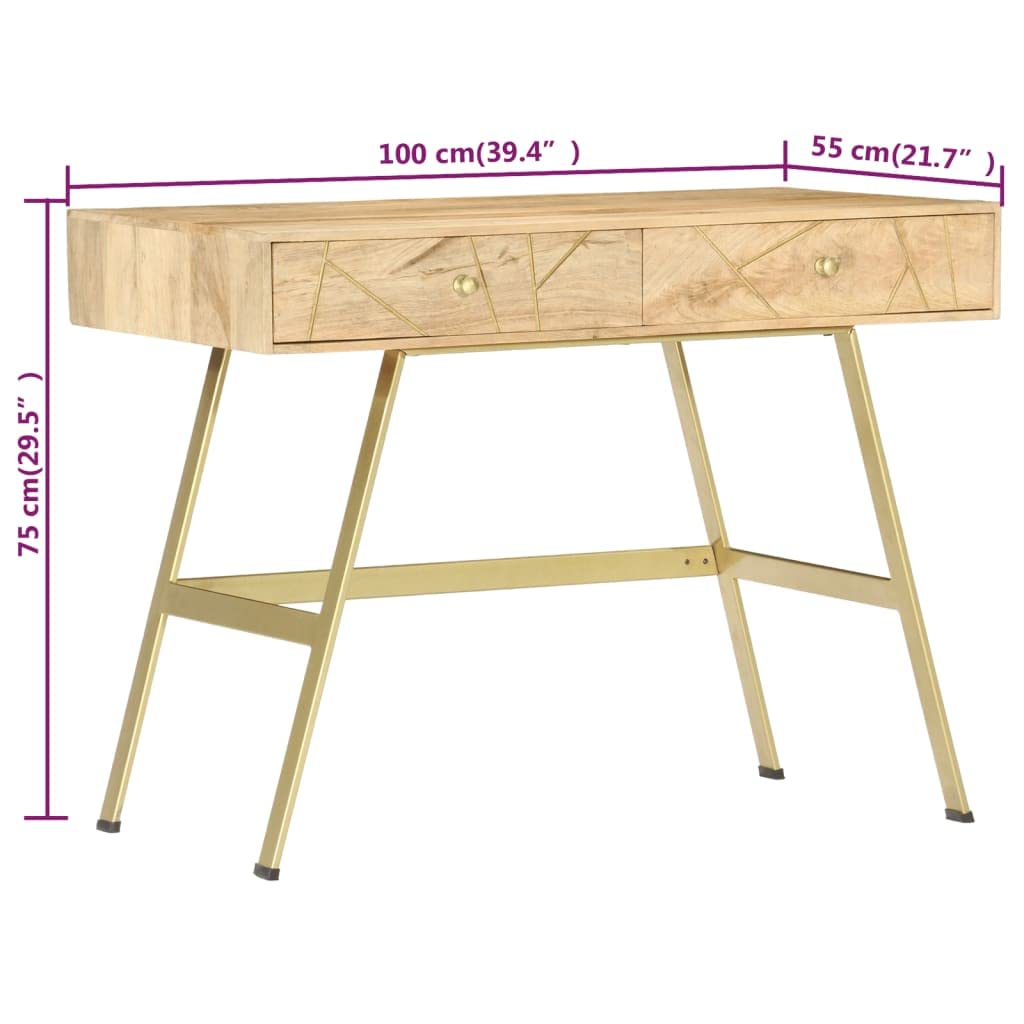 Solid Mango Wood Writing Desk with Drawers, Spacious Home Office Computer Desk, Study Laptop Desk for Bedroom, 39.4