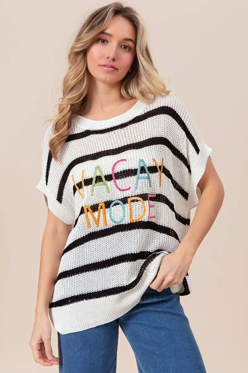 BiBi Vacay Mode Lettering Drop Shoulder Striped Sweater - Women's Casual Oversized Pullover for Beach Vacation, Travel & Cozy Fall Outfits