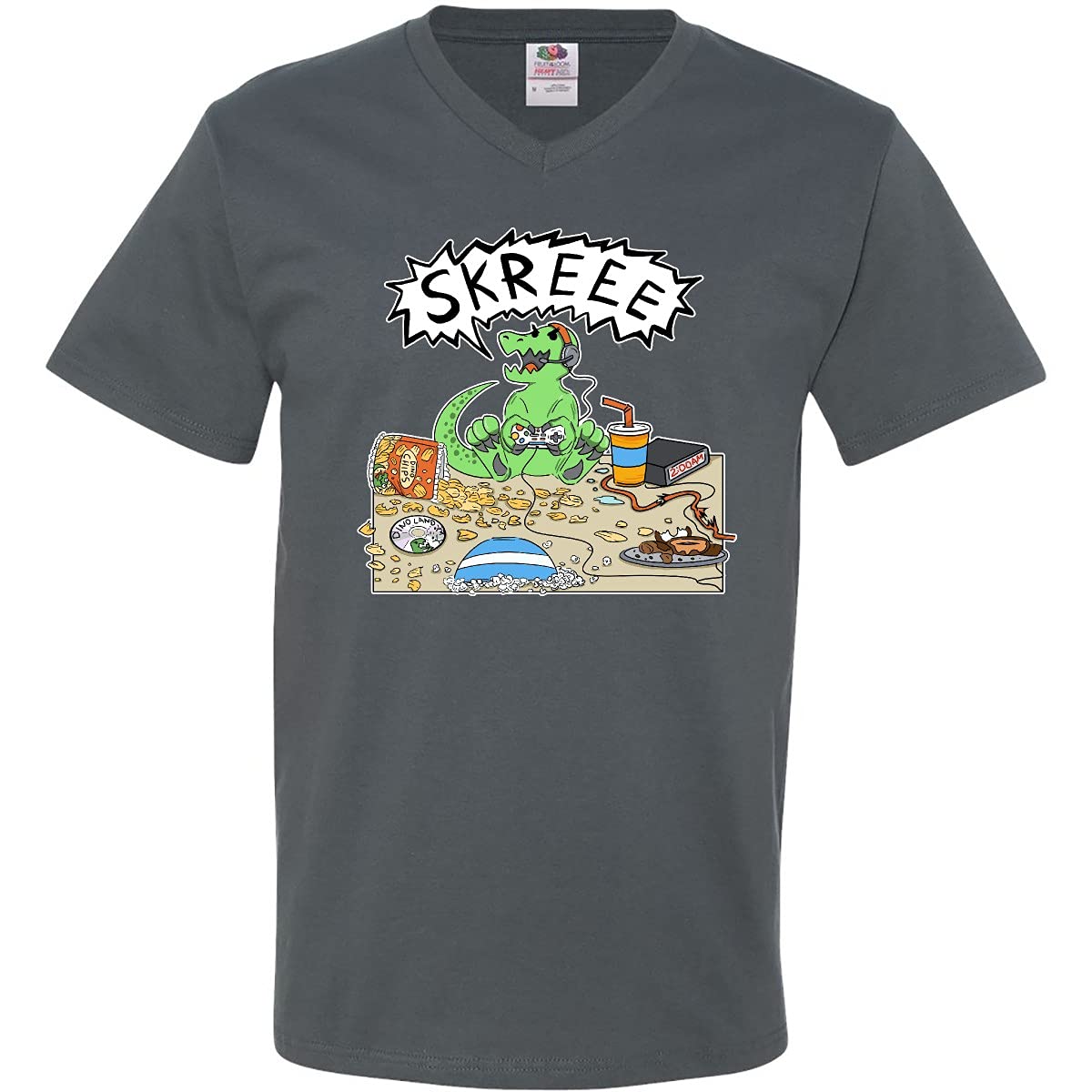 Inktastic Gaming Dinosaur V-Neck T-Shirt for Men - Comfortable Retro Gamer Tee for Casual Wear & Gaming Events