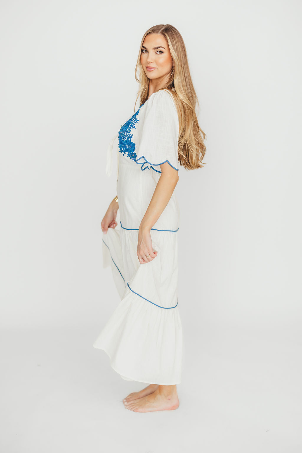 Lena Embroidered Tiered Midi Dress - Off White & Blue Floral Summer Dress for Women | Perfect for Beach Vacations, Garden Parties & Date Nights