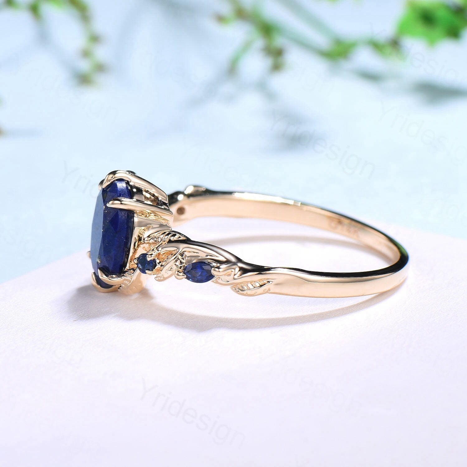 Vintage Lapis Lazuli Engagement Ring - 1.5ct Oval Natural Blue Lapis Lazuli Stone, Dainty Leaf Design Wedding Band for Women | Nature-Inspired Jewelry for Bridal, Anniversary & Special Occasions
