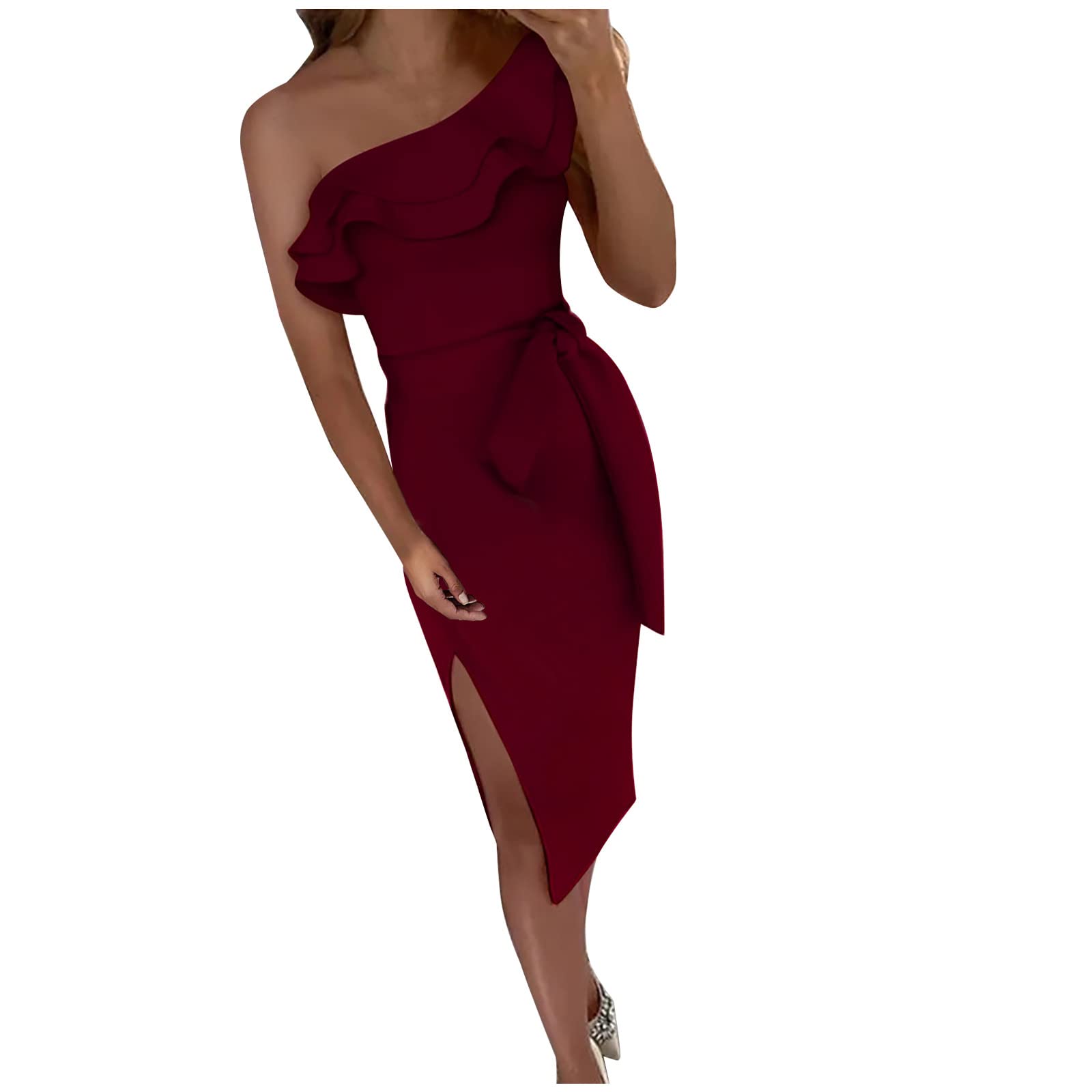 BmkBWO Women's Sexy One Shoulder Bodycon Dress - Sleeveless Ruffle Elegant Wedding Guest Midi Dress with Split & Wrap Belt | Perfect for Cocktail Parties, Date Nights & Special Occasions